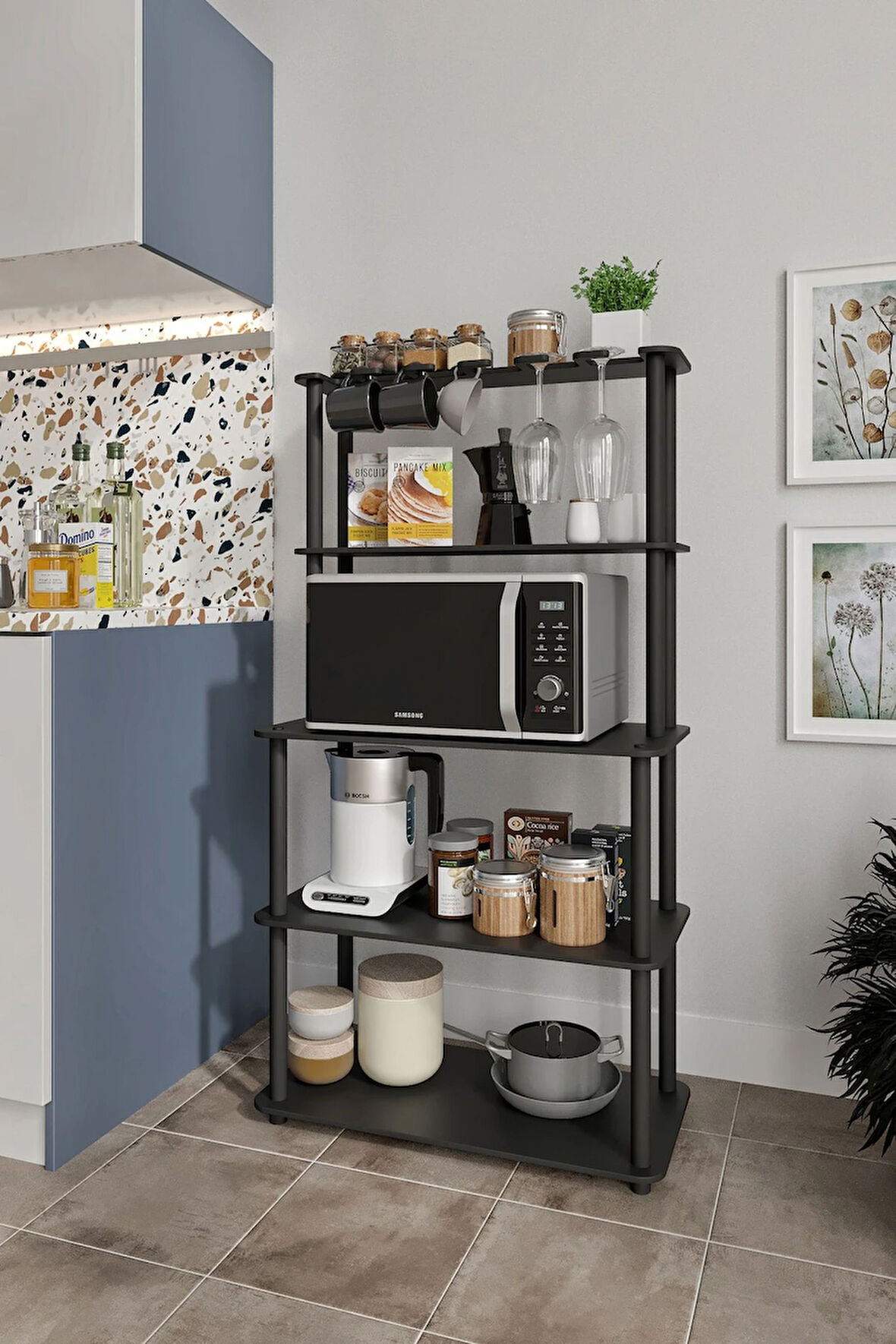 Ravilo Mikrodalga Kahve Standı Çok Amaçlı 4 Katlı Raf Siyah