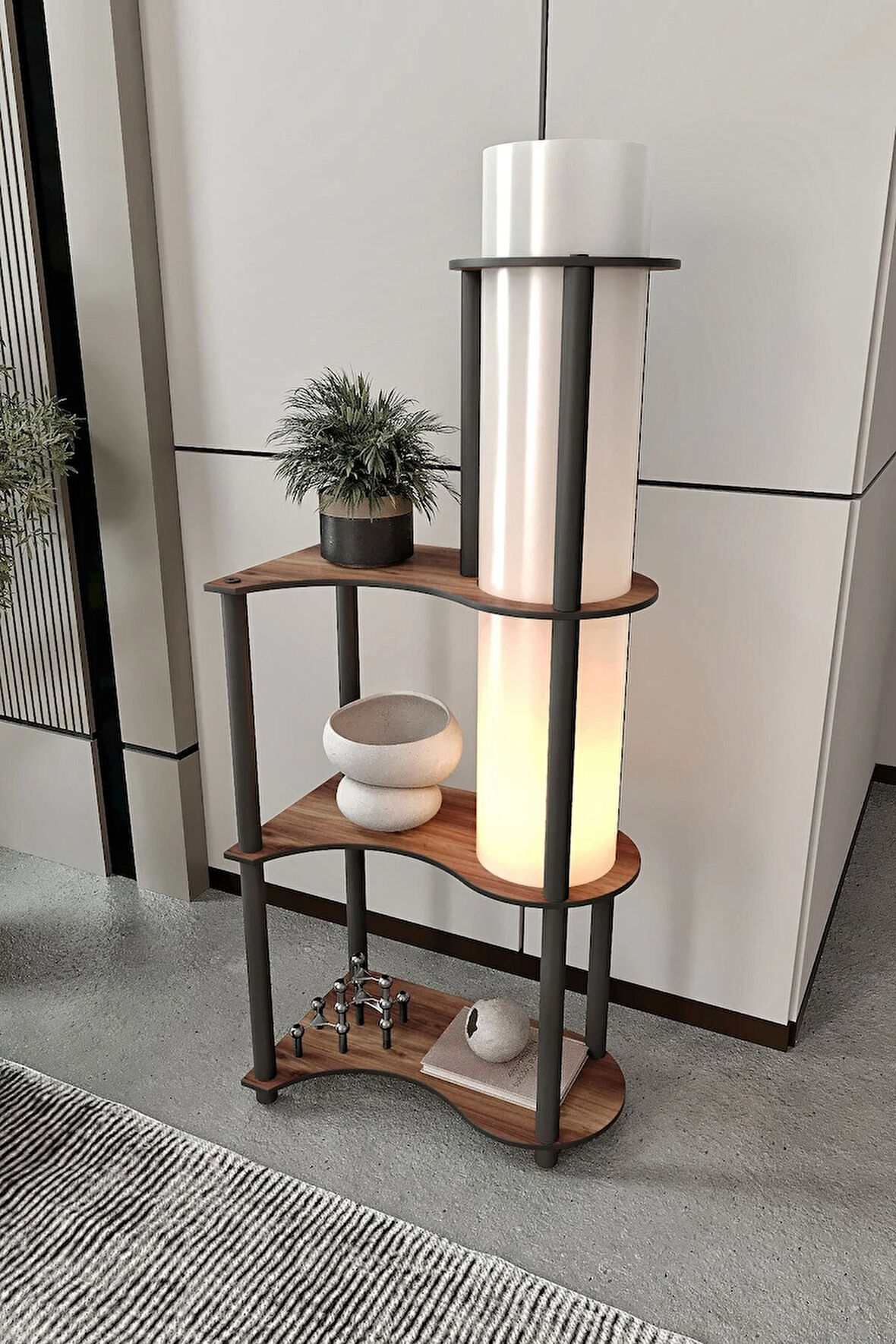 Ravilo Estilo Dor Dekoratif Raflı Lambader Ceviz