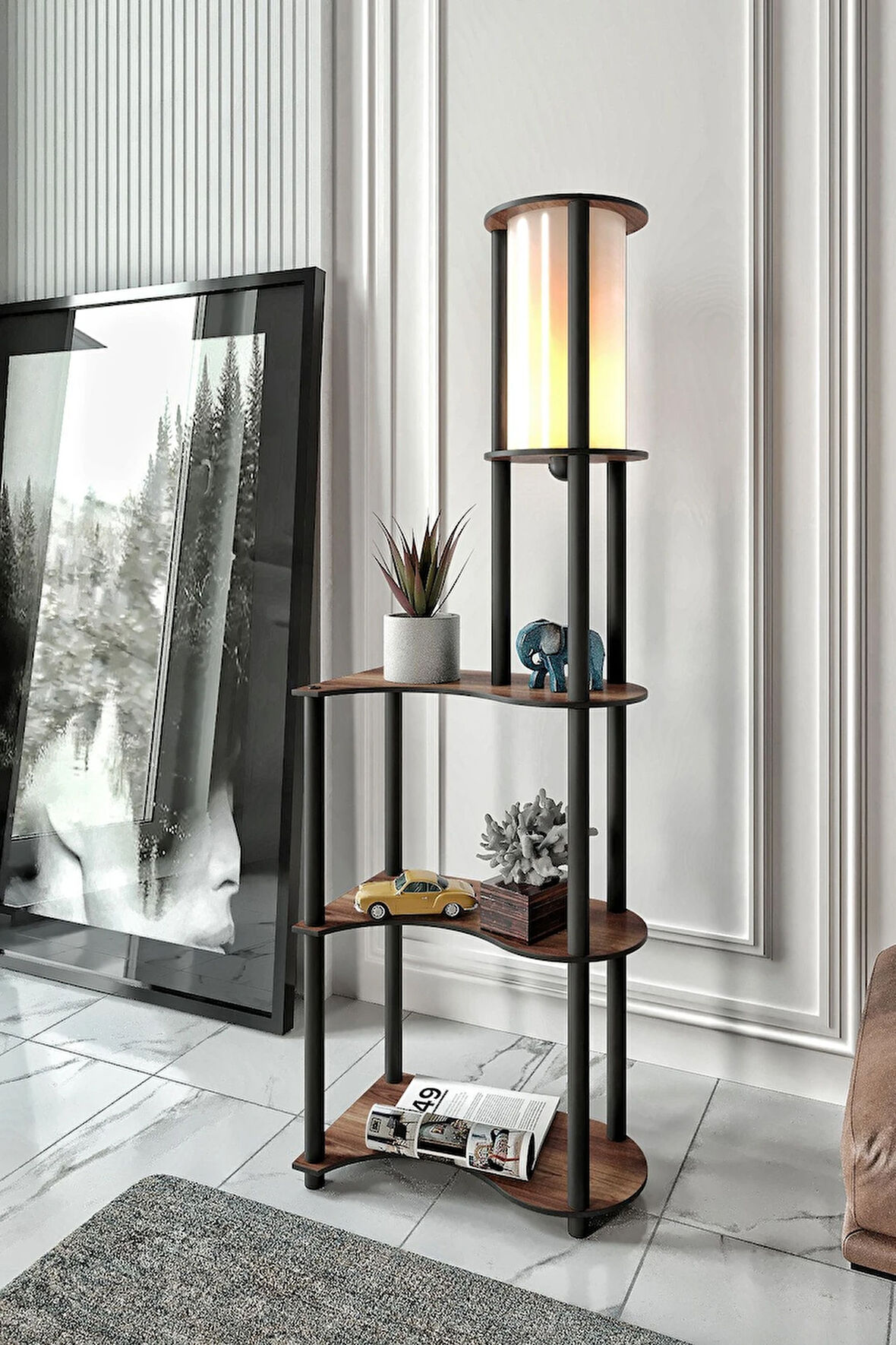 Ravilo Estilo Dekoratif Raflı Lambader Ceviz