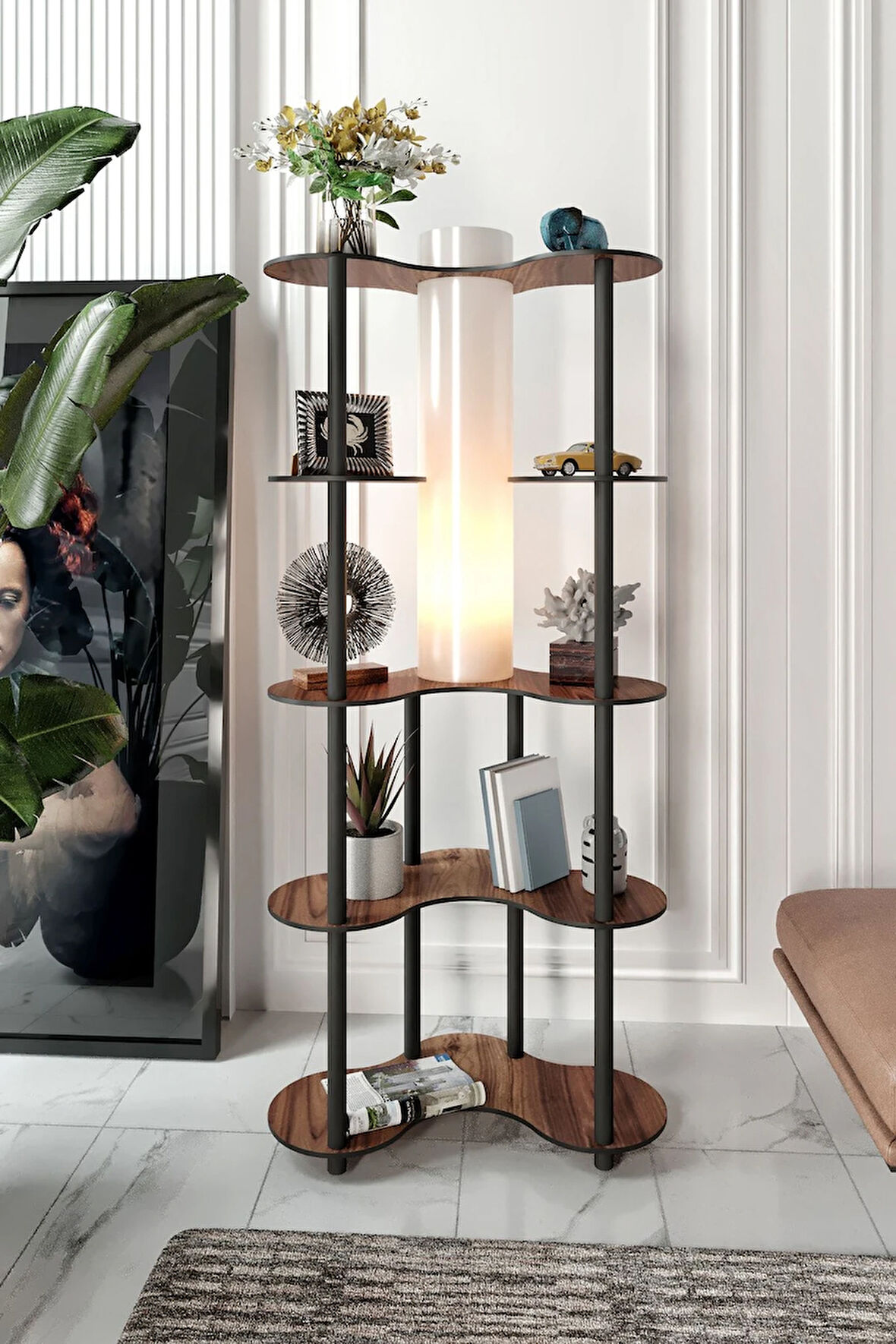 Ravilo Mariposa Dekoratif Raflı Lambader Ceviz