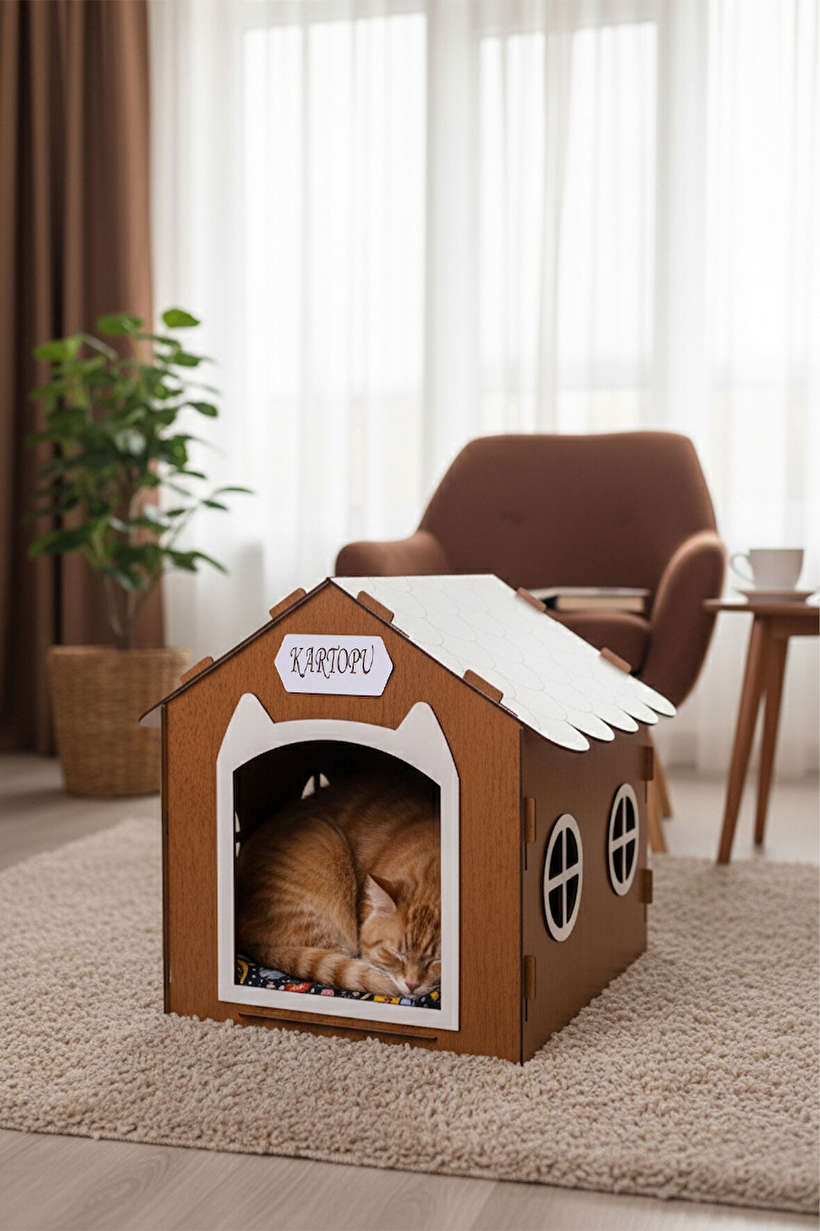 Ahşap Özel İsim Baskılı Dekoratif Kedi Evi-Kulübesi, Kediler İçin Kulübe, Kedi Kulübesi Ceviz