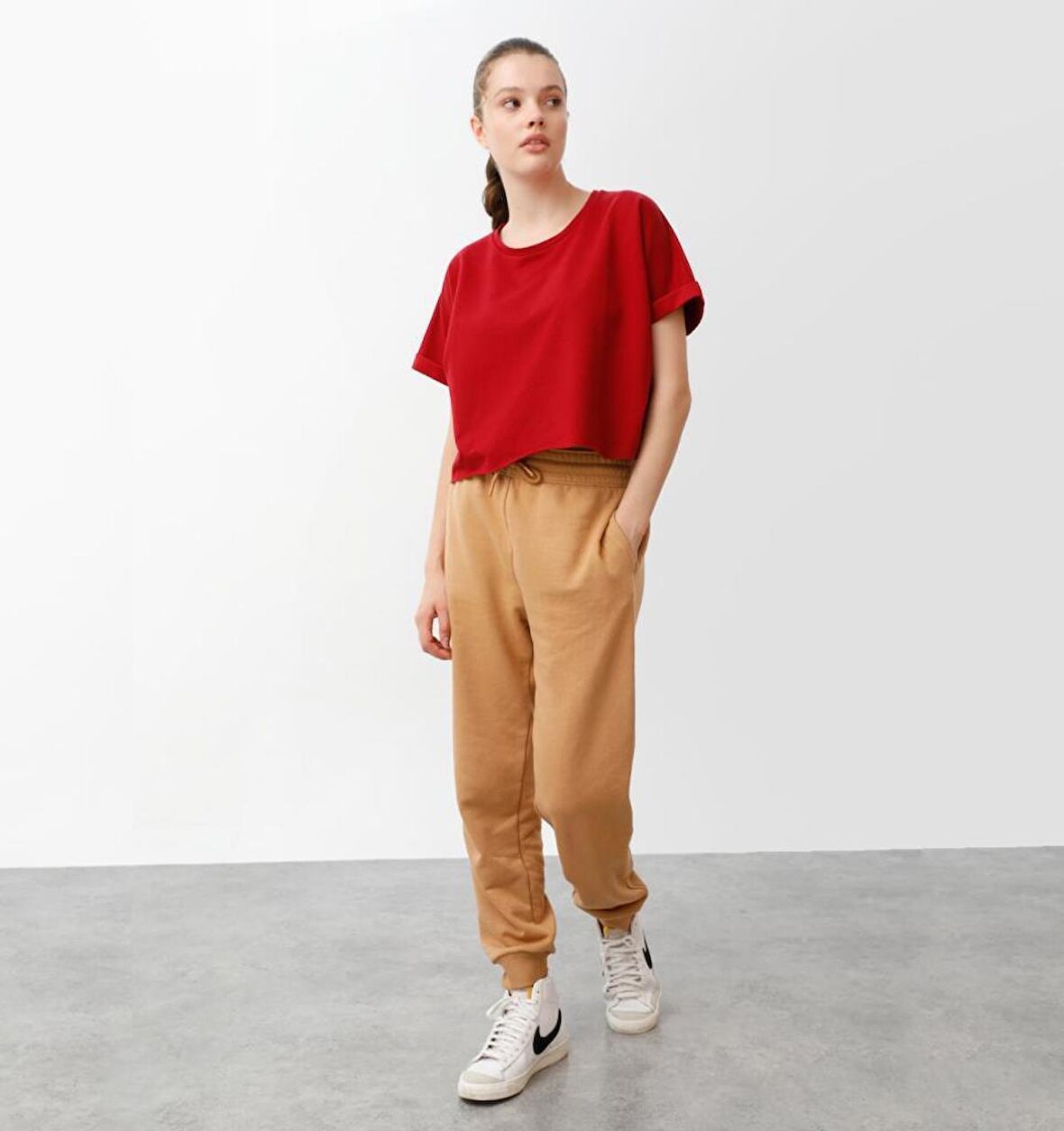 Nors Oversize Crop Kadın T-shirt Bordo