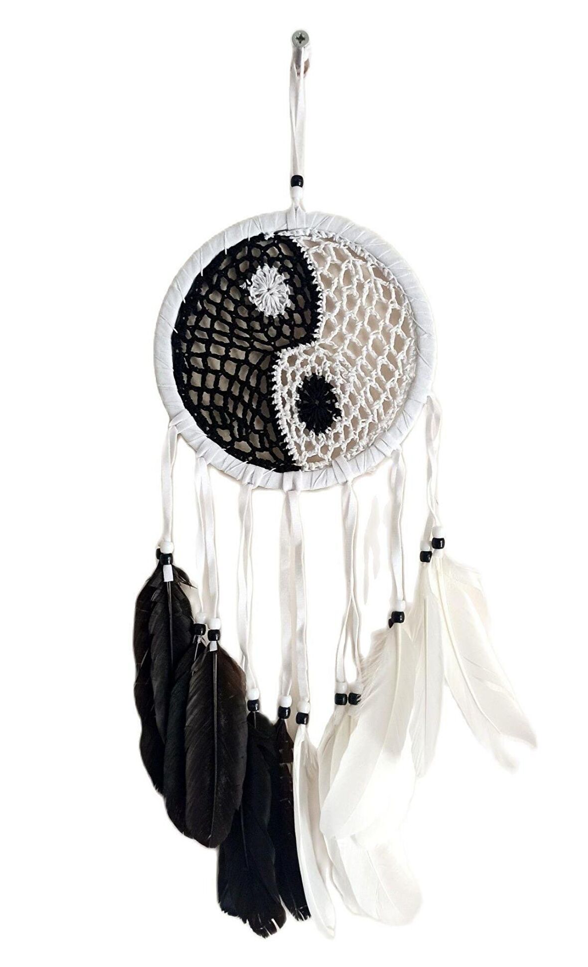 Siyah Beyaz Dream Catcher Kuş Tüylü Boncuklu Düş Kapanı Duvar Süsü