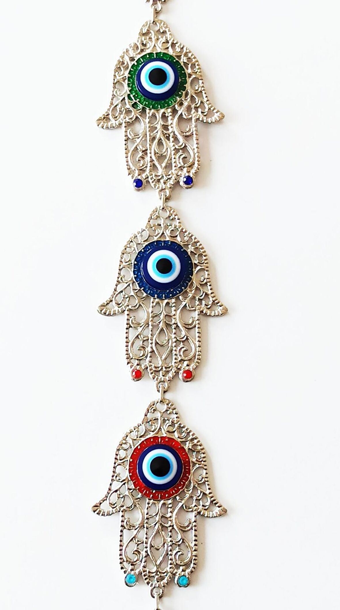 Üçlü Fatma Ana Bereket Eli Gümüş Kaplama Nazar Boncuklu Duvar Süsü