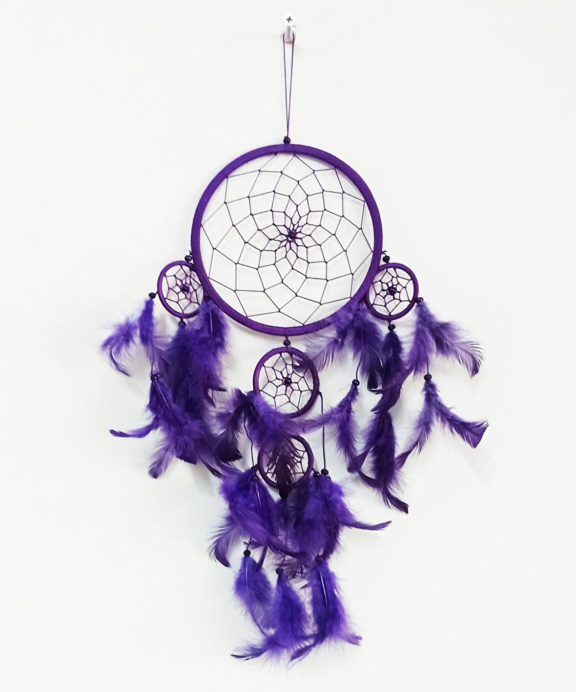 Mor Renk Düş Kapanı El Yapımı Bol Kuş Tüylü Dream Catcher Duvar Süsü