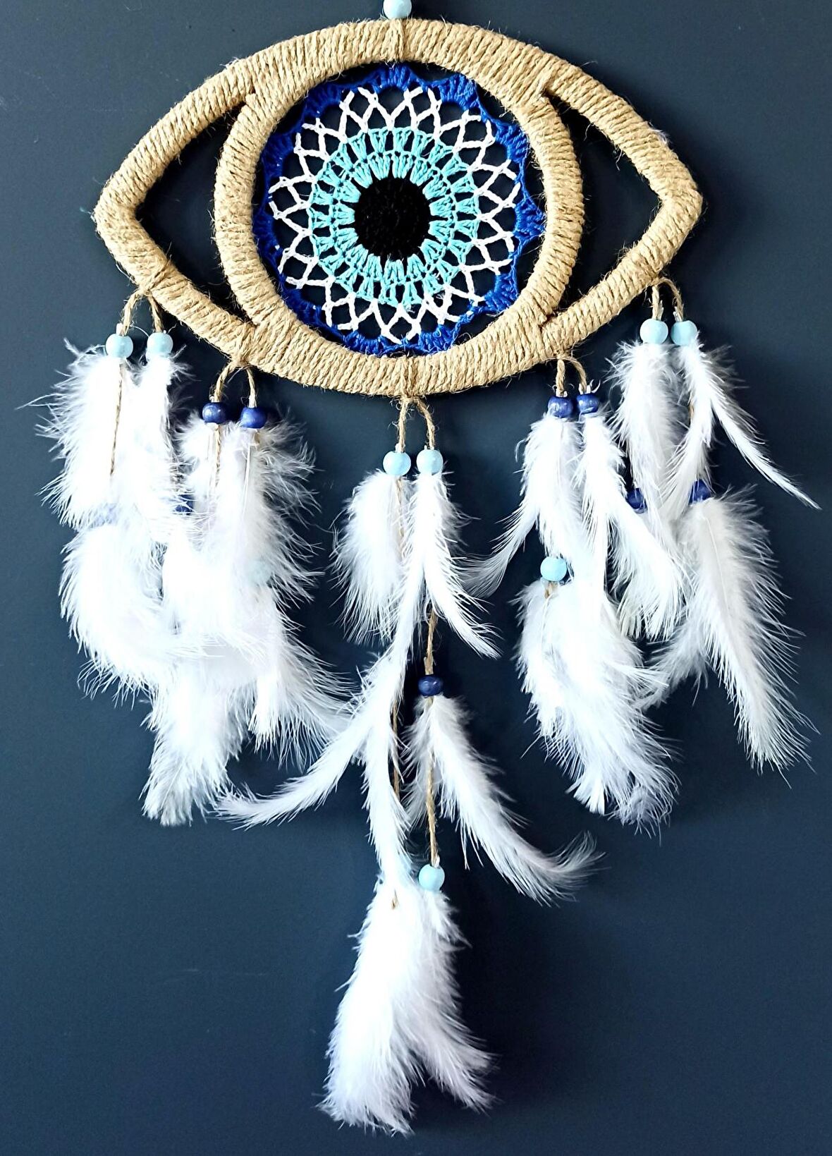 Göz Model Nazar Boncuğu Motifli Kuş Tüylü El Yapımı Duvar Dekoru