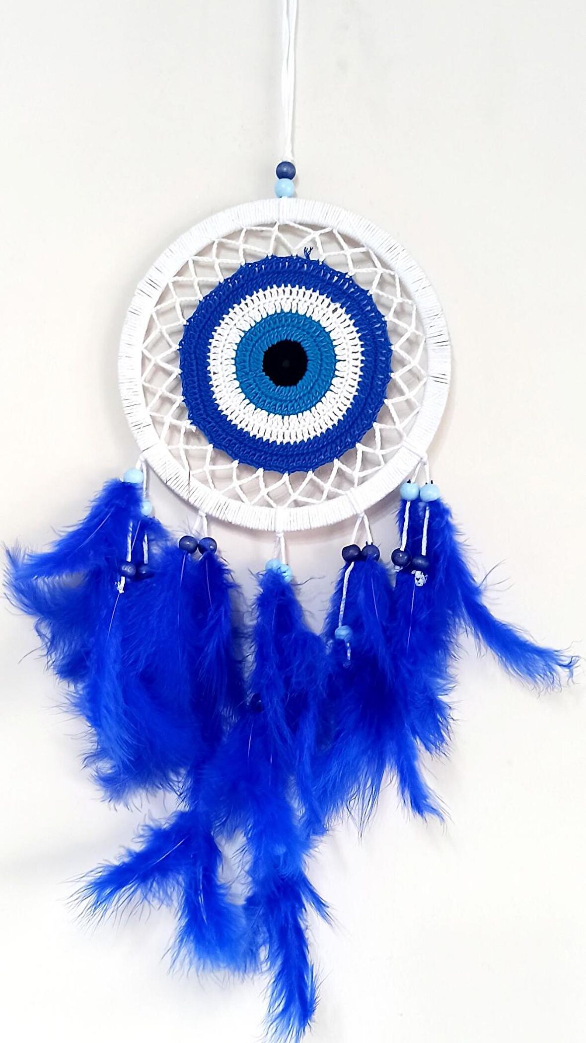 Saks Mavisi Kuş Tüylü Dream Catcher Nazar Boncuğu Motifli Düş Kapanı Duvar Süsü