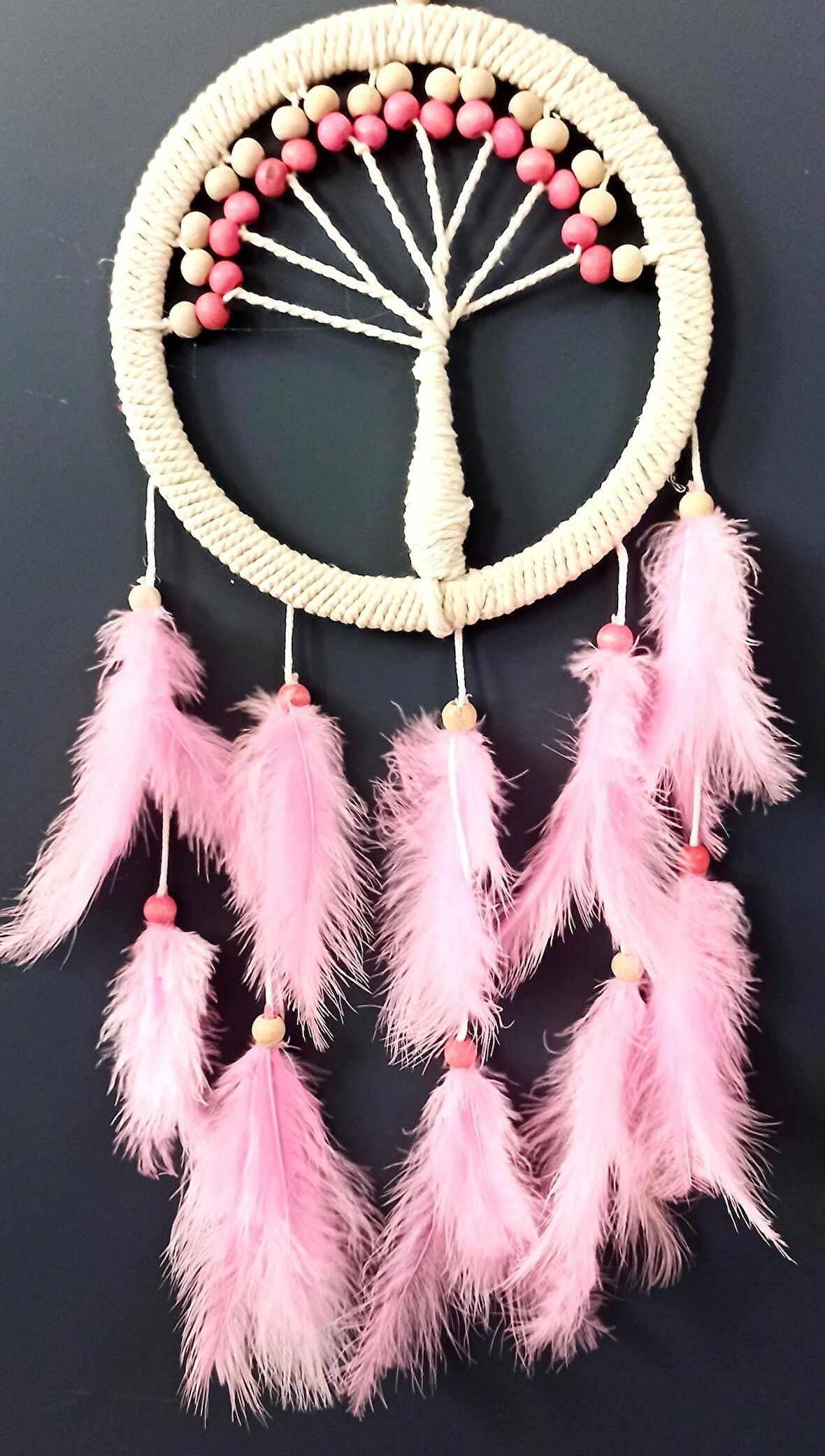 Pembe Kuş Tüylü Hayat Ağacı Dream Catcher Duvar Süsü