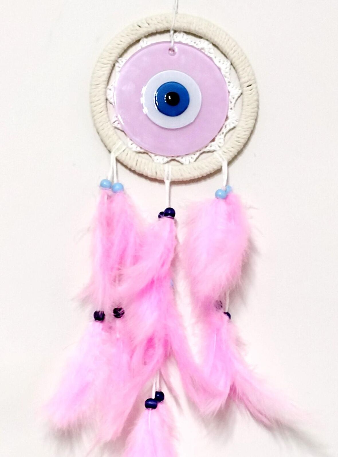 Pembe Renk Dream Catcher Pudra Pembesi Camlı Kuş Tüylü Duvar Süsü