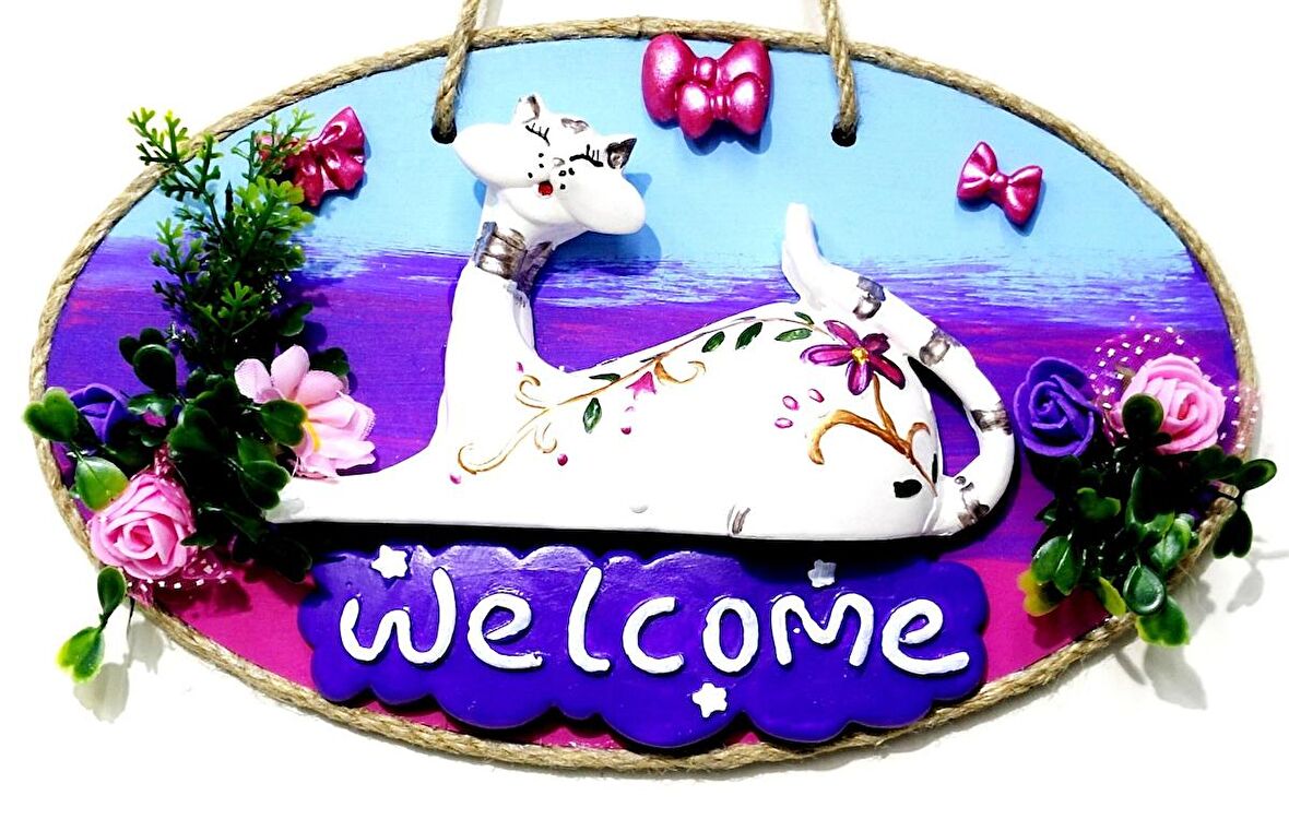 Kedi Figürlü Welcome Yazılı El Yapımı Kapı Süsü
