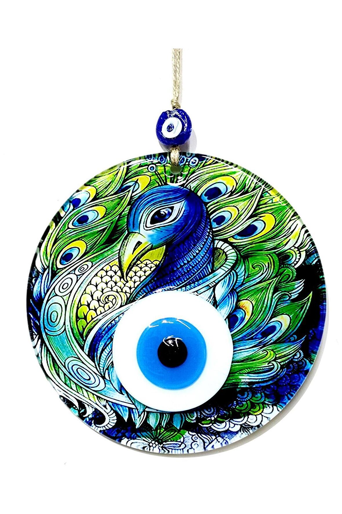 Tavus Kuşu Desenli 16 Santimetre Çapında Nazar Boncuklu Füzyon Cam Duvar Dekoru