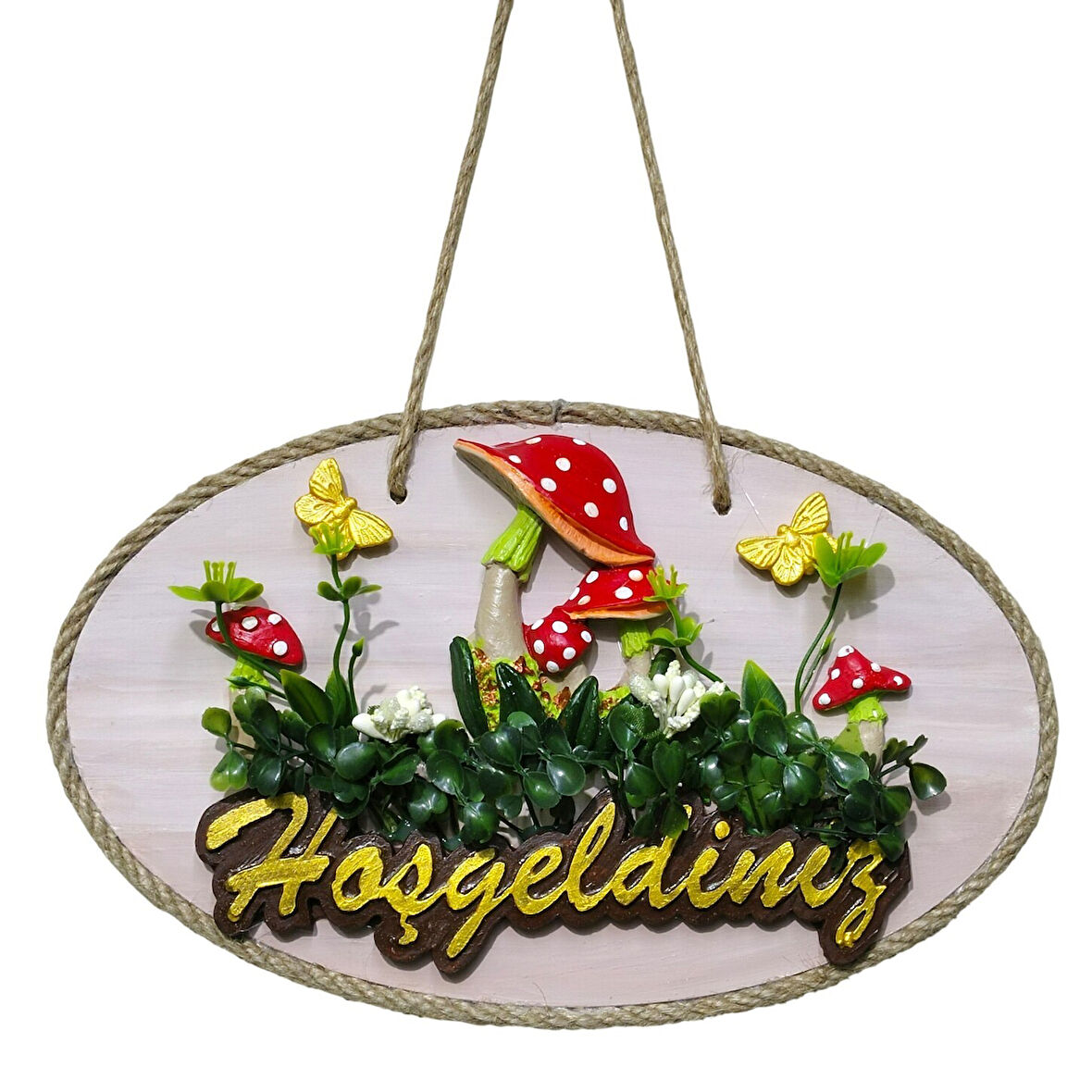 Dekoratif Hoşgeldiniz Kapı Süsü – Mantar ve Kelebek Figürlü, Yapay Çiçekli, Ahşap Tasarım, Ev & Bahçe Kapısı İçin Dekor