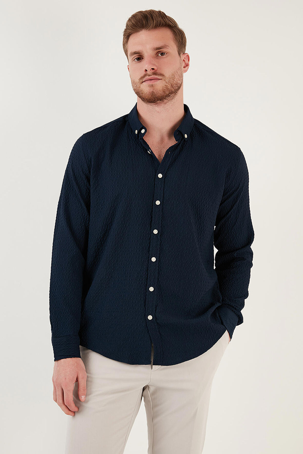 Buratti Pamuklu Çizgili Düğmeli Yaka Uzun Kollu Regular Fit Gömlek Erkek GÖMLEK CF23S112237