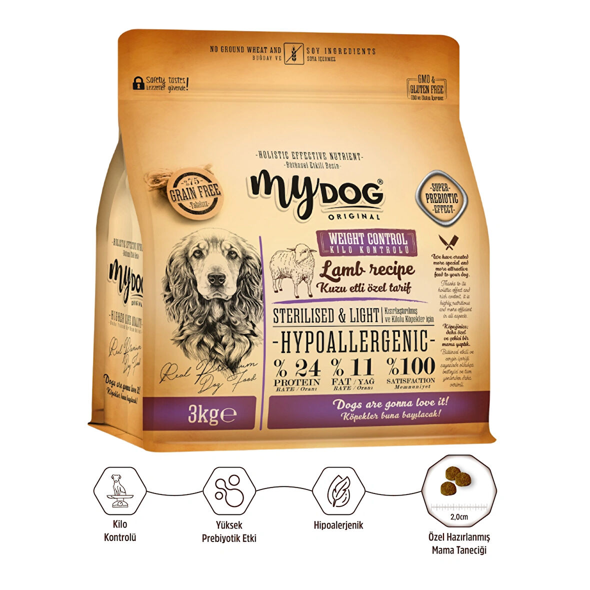 MyDog Original Az Tahıllı Kuzu Etli Diyet & Kısır Köpek Maması 3kg