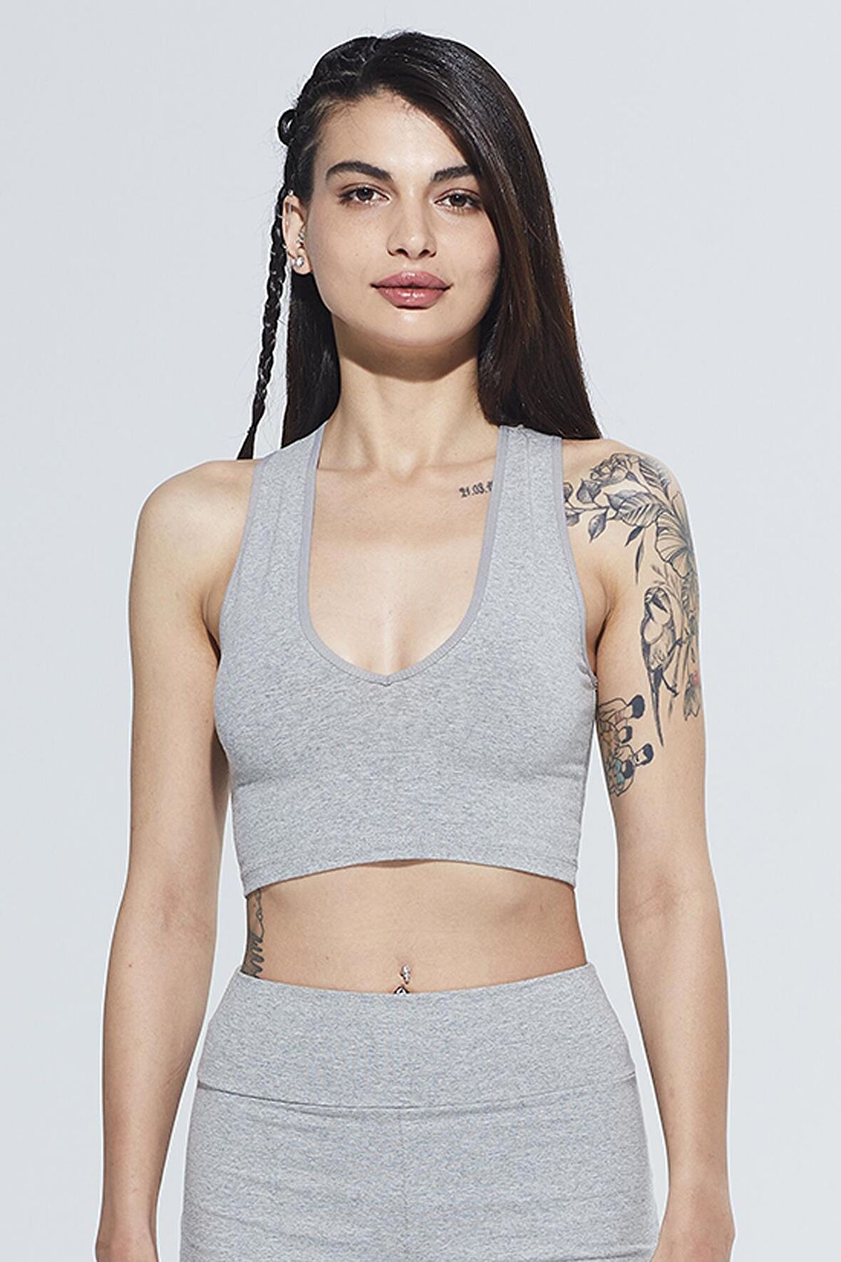 Olivia V Yaka Organik Pamuk Örme Crop Body