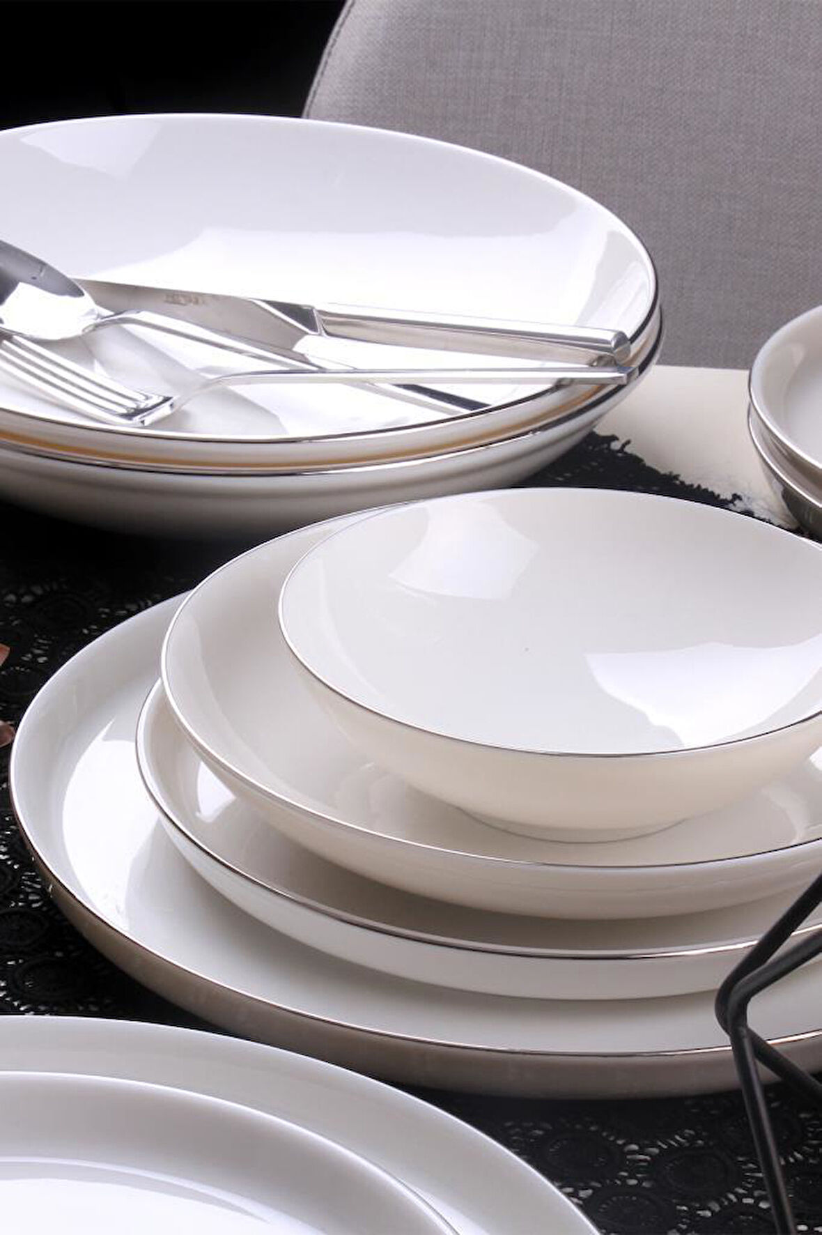 Güral Porselen Bone Bilbao 24 Parça 6 Kişilik Yemek takımı Platin Fileli