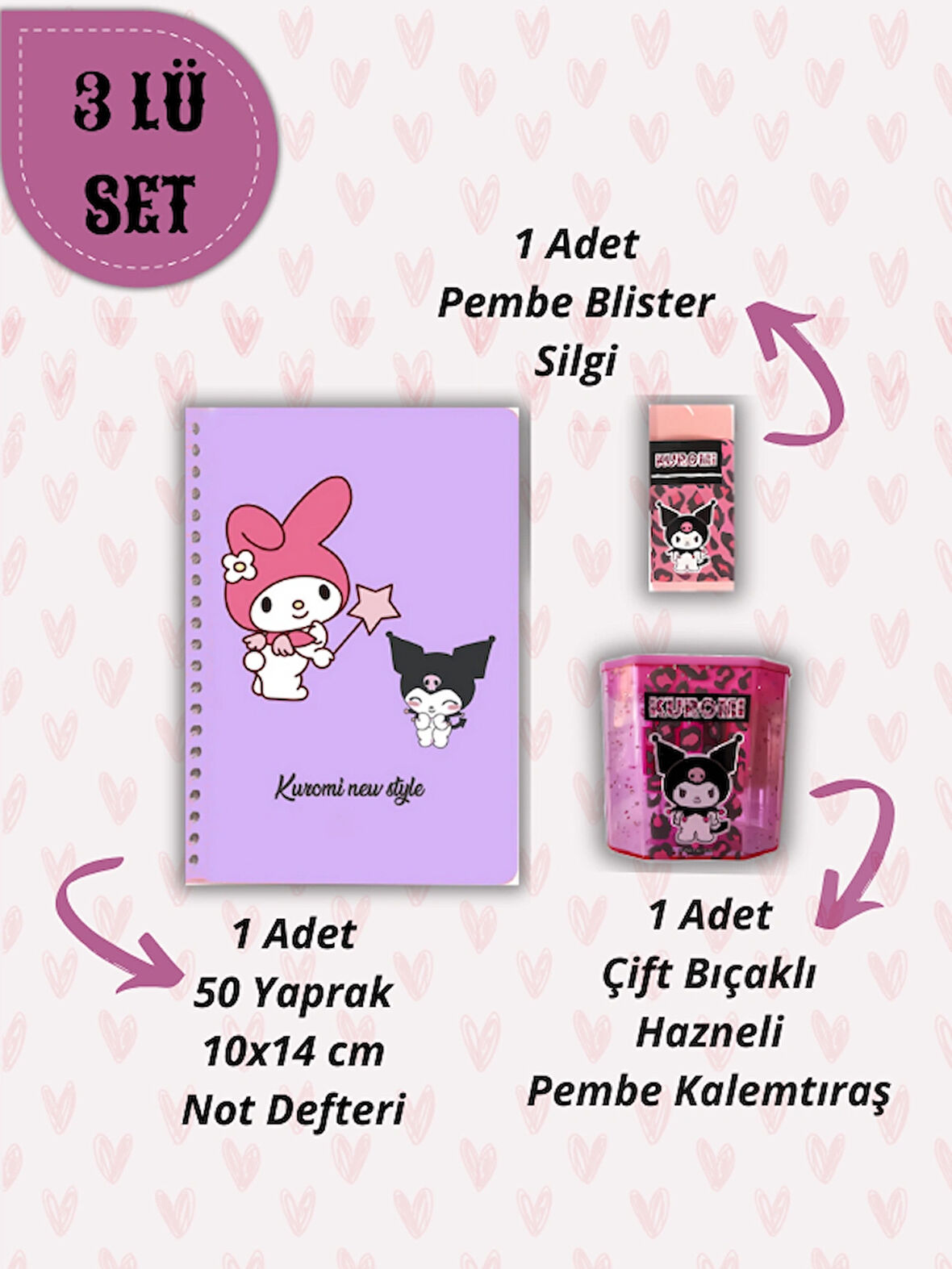 Ceylan Kırtasiye A6 Not Defteri + Çift Bıçaklı Hazneli Kalemtıraş + Blister Silgi Kırtasiye Seti ( 3 lü Set)
