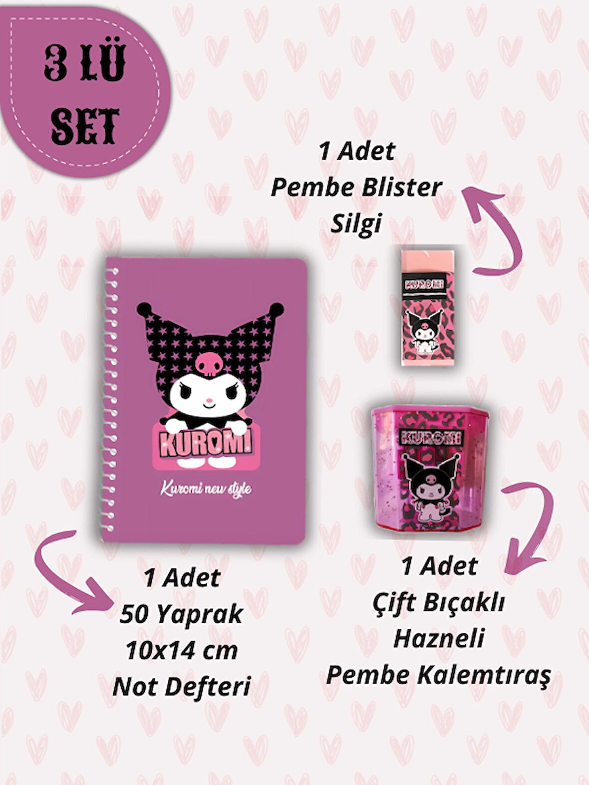 Ceylan Kırtasiye A6 Not Defteri + Çift Bıçaklı Hazneli Kalemtıraş + Blister Silgi Kırtasiye Seti ( 3 lü Set)