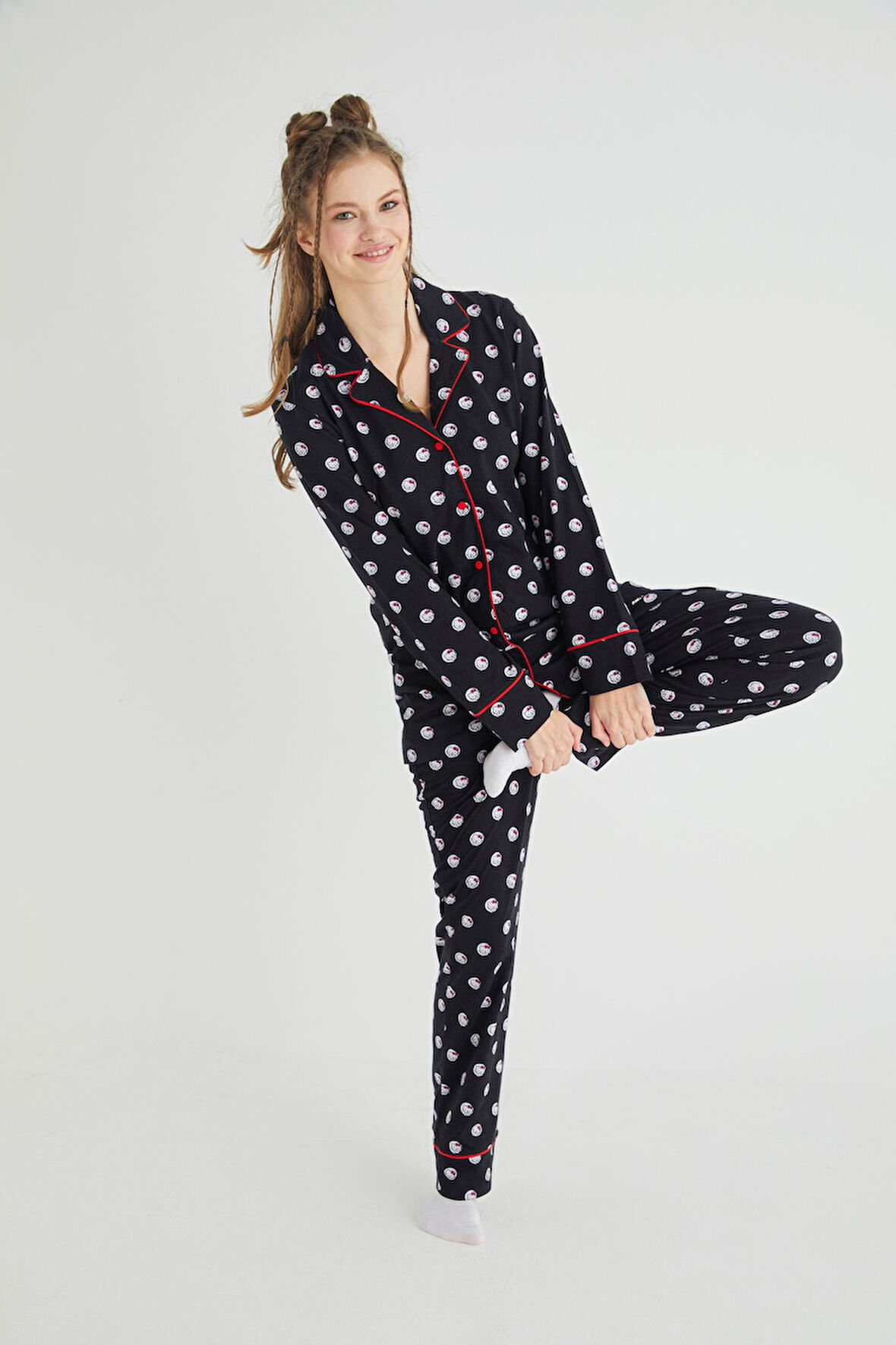 Lisanslı Düğmeli Uzun Kol Pijama Takım Roz-63