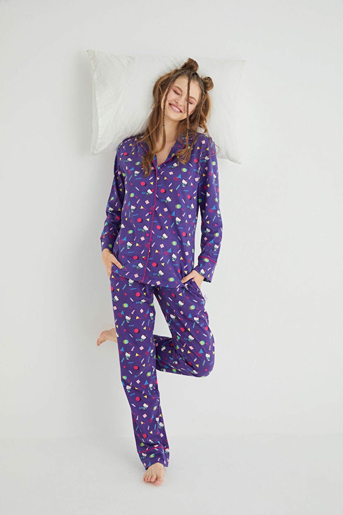 Lisanslı Düğmeli Uzun Kol Pijama Takım Roz-68
