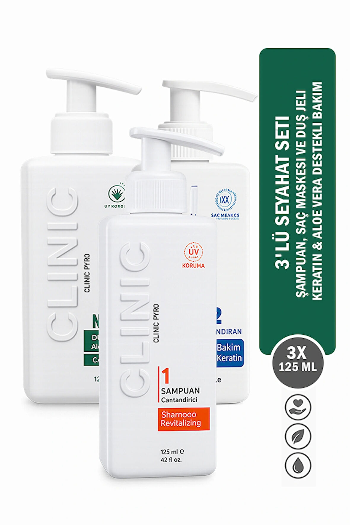 3'lü Seyahat Seti – Şampuan, Saç Maskesi Ve Duş Jeli | Keratin & Aloe Vera Destekli Bakım 3x125 ml
