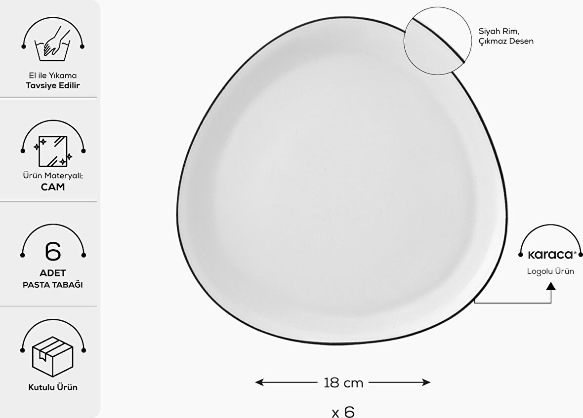 Karaca Sky Siyah Rimli Cam 6 Kişilik Pasta Tatlı Takımı 18 Cm