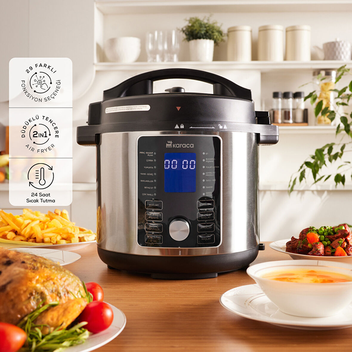Karaca Cooker 2in1 6L Çok Amaçlı Basınçlı Pişirici Akıllı Elektrikli Düdüklü Tencere ve Airfryer Silver