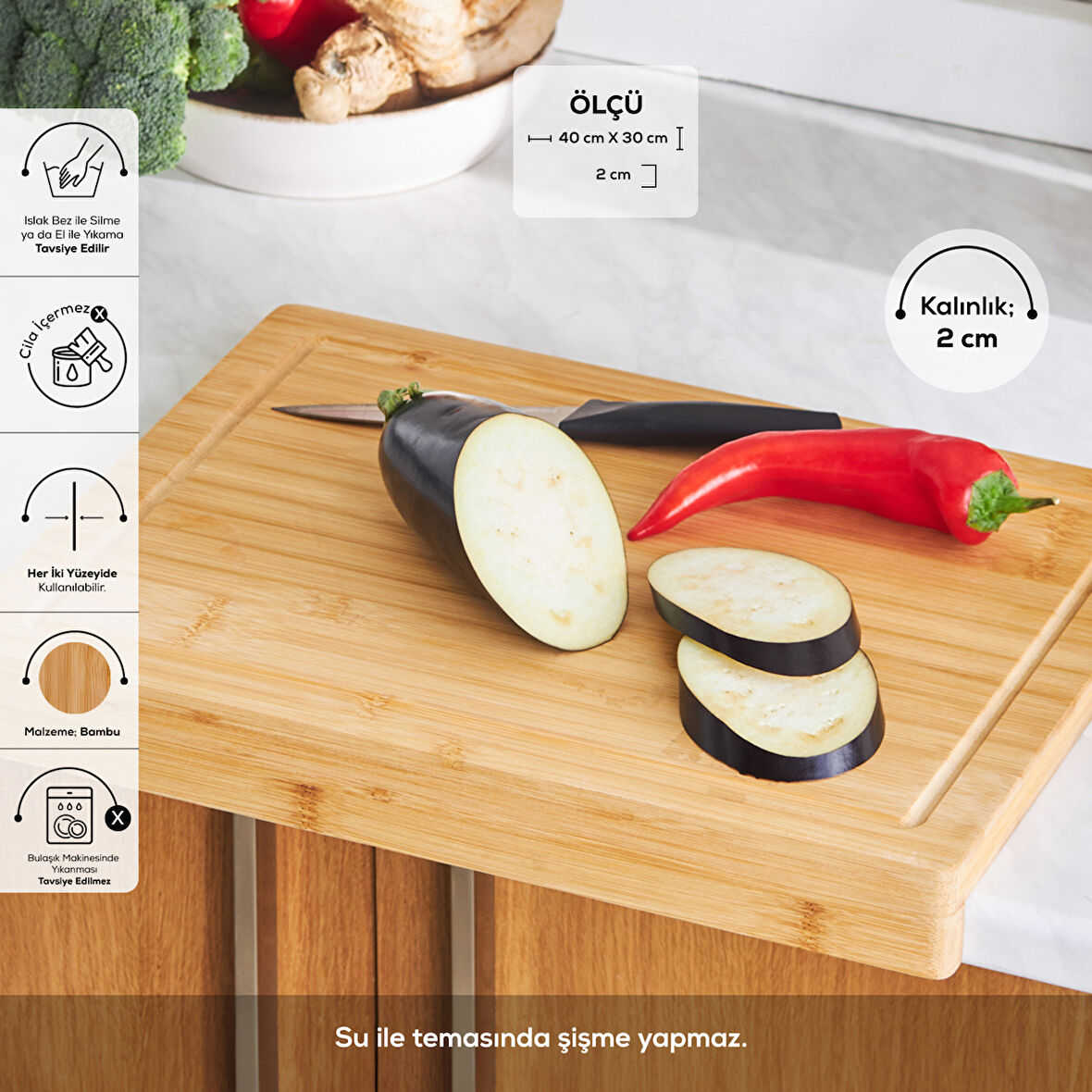 Karaca Bambu Lalin Tezgah Üstü Bambu Kesme Tahtası 40 cm Kahverengi