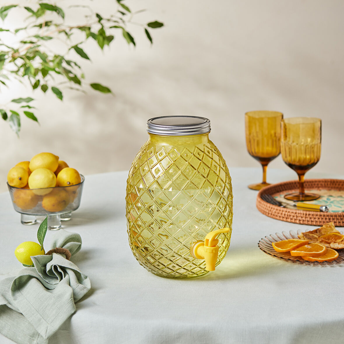 Karaca Melon Musluklu Kapaklı Cam Sebil Damacana Sarı 4650 ml