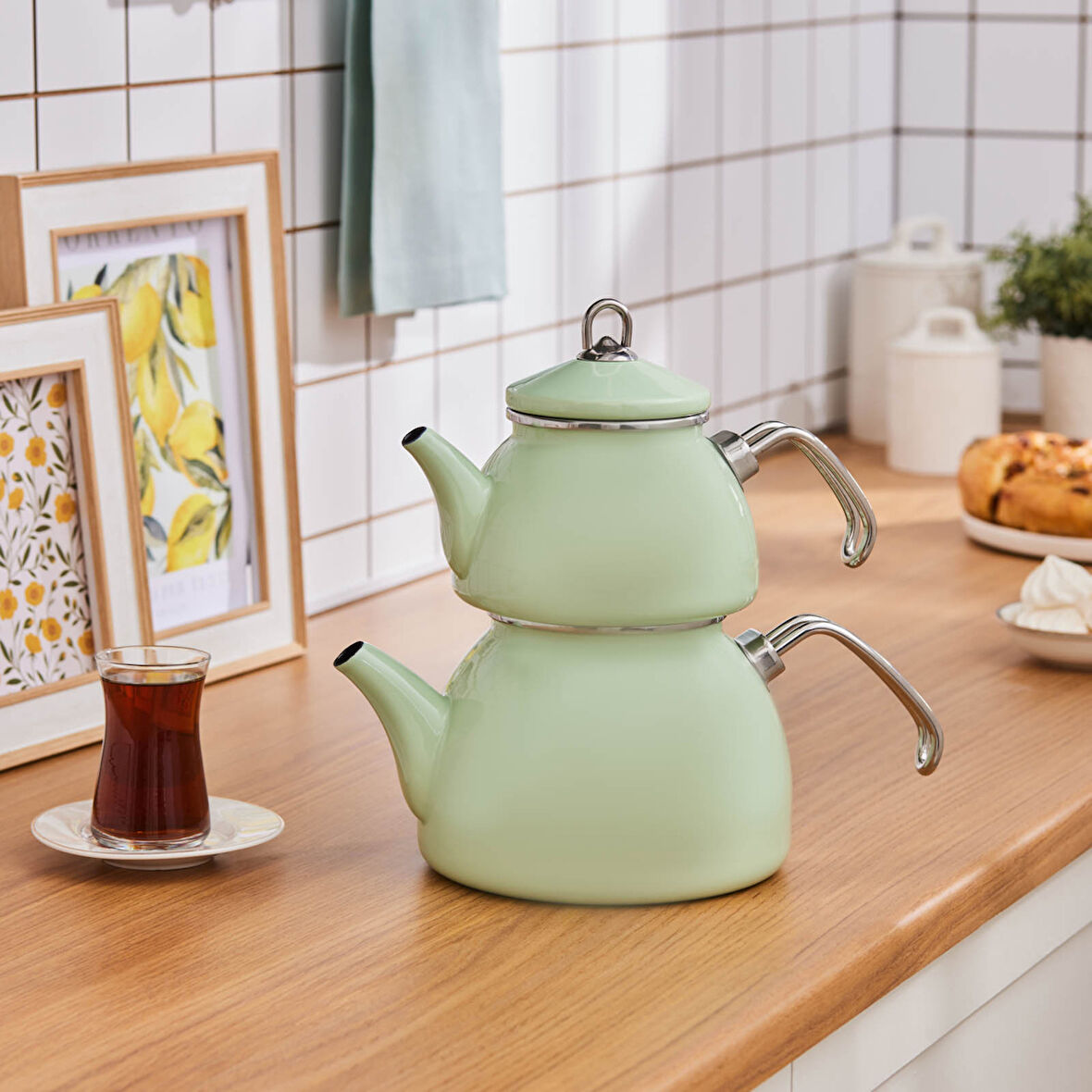 Karaca Loreto Emaye Midi Çaydanlık Takımı Yeşil