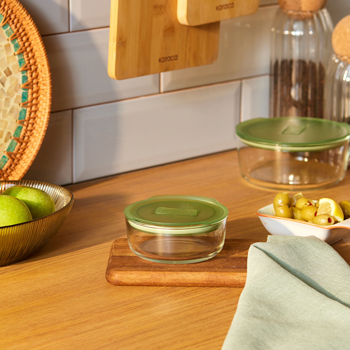 Karaca Green Yuvarlak Cam Saklama Kabı 300 ml