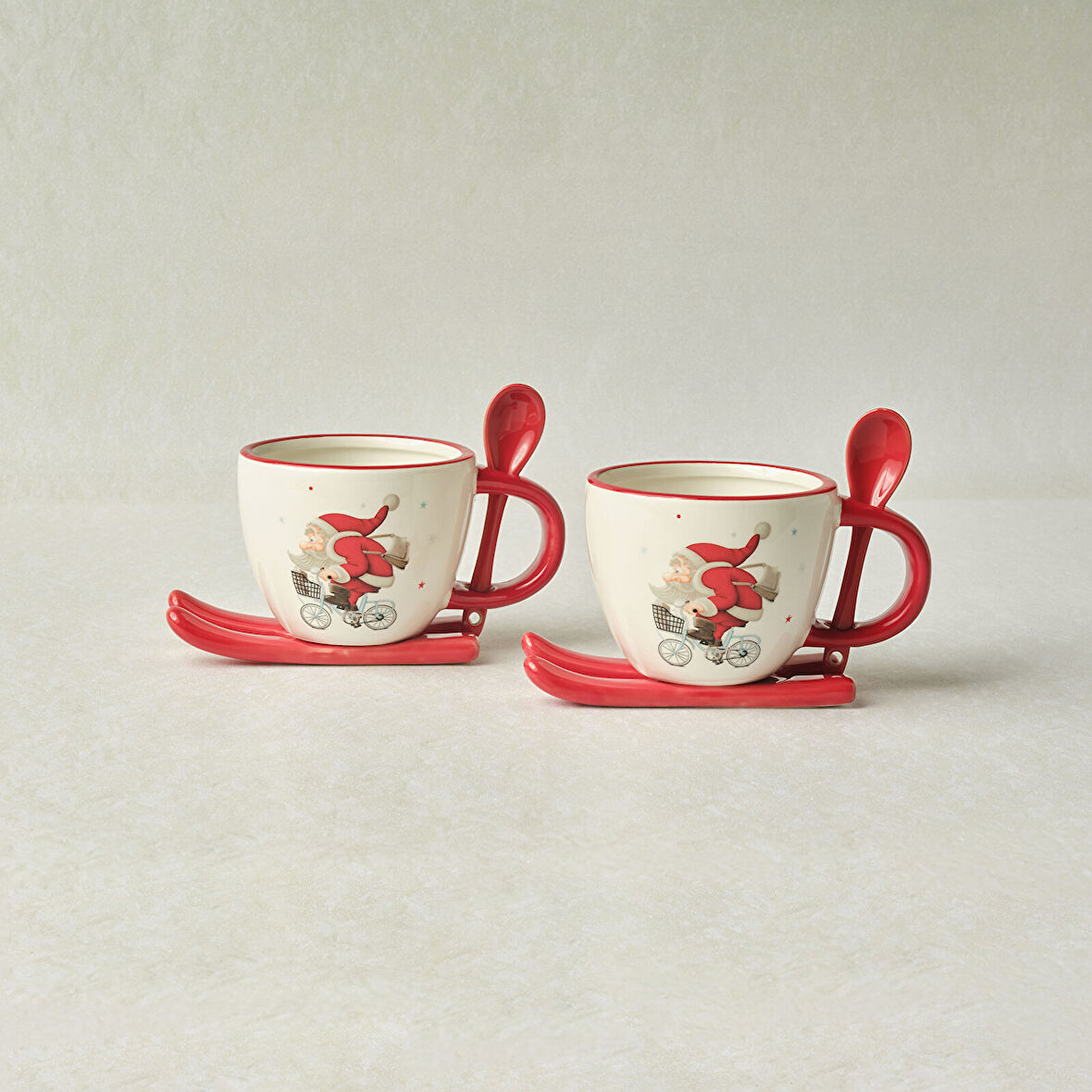 Karaca New Year Yılbaşı Snowboard Kaşıklı 2 Kişilik Çay Fincan Takımı 300 ml 