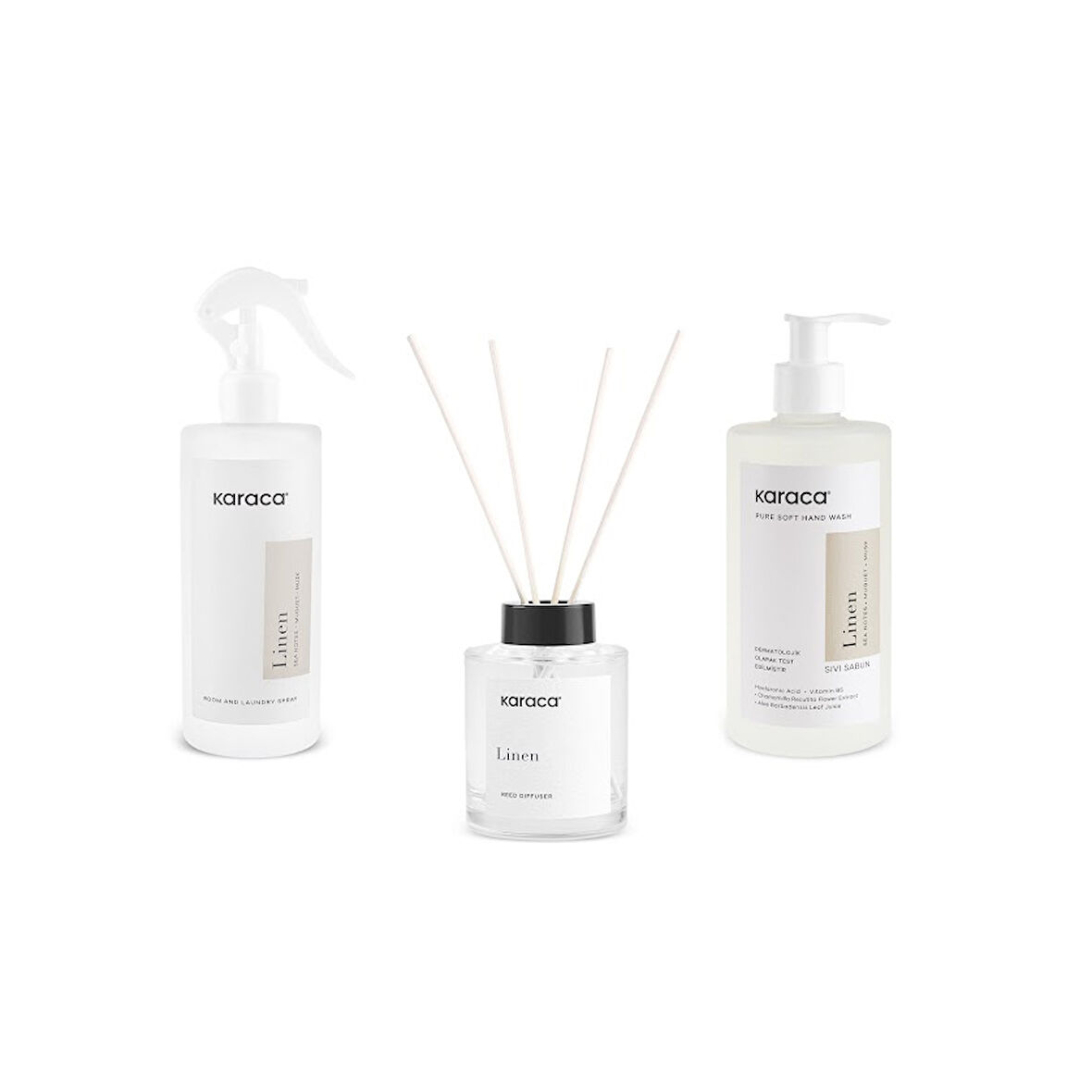 Karaca White Clean Linen  3 Parça Sıvı Sabun / Çubuklu Ortam Kokusu / Çamaşır Spreyi Koku Seti