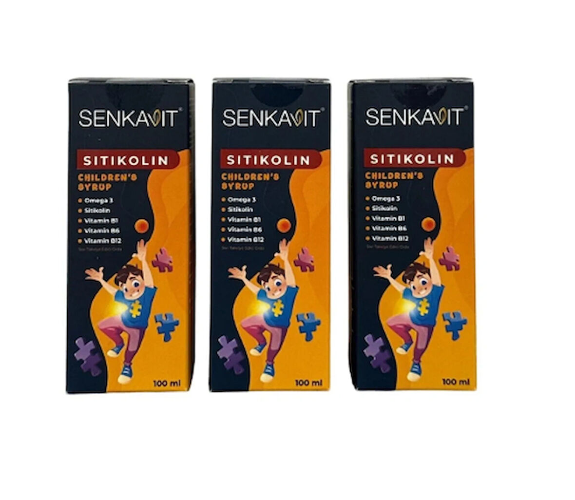 Senkavi Kids Sitikolin + Omega 3 + Vitamin B1 +B6 + B12 içeren 100 Ml Şurup 3 Lü set