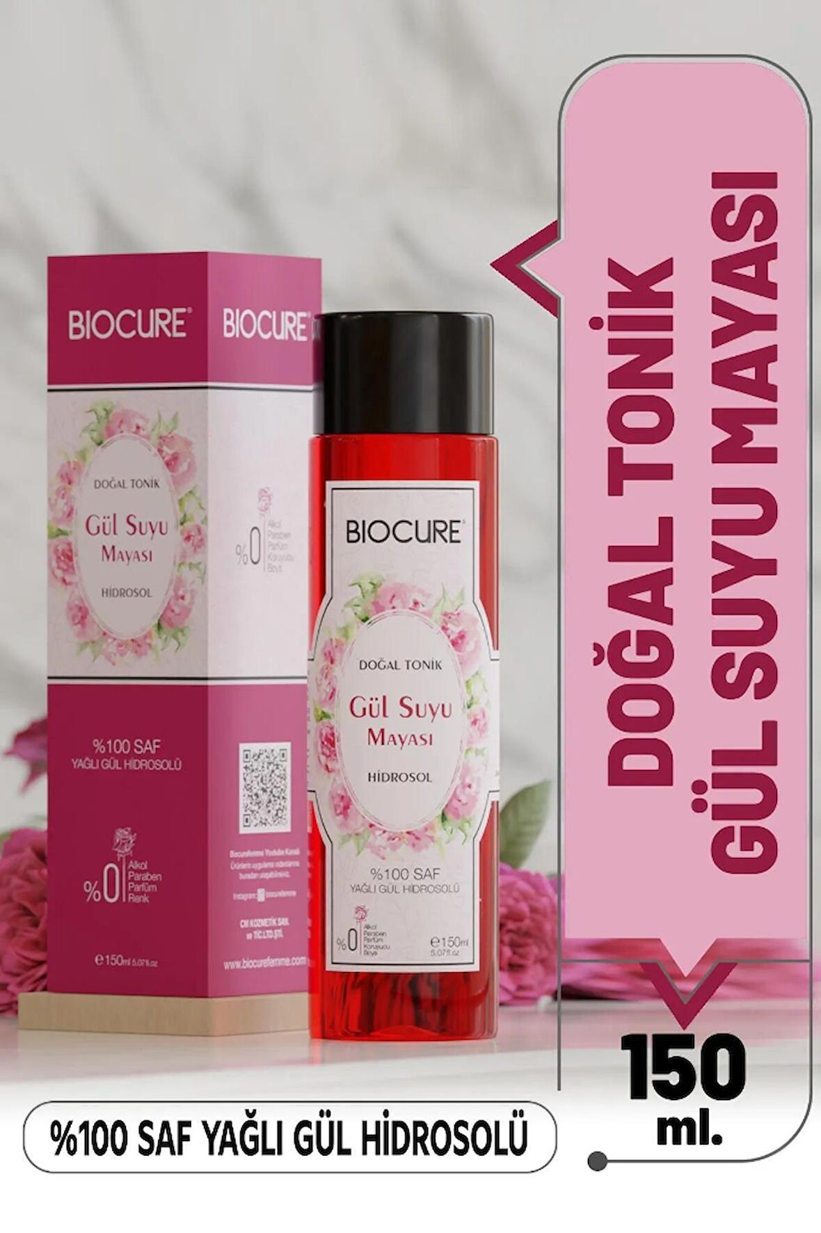 Biocure Gül Suyu Mayası Gül Hidrosolü - Aydınlatıcı Ve Gözenek Sıkılaştırıcı Tonik 150 Ml