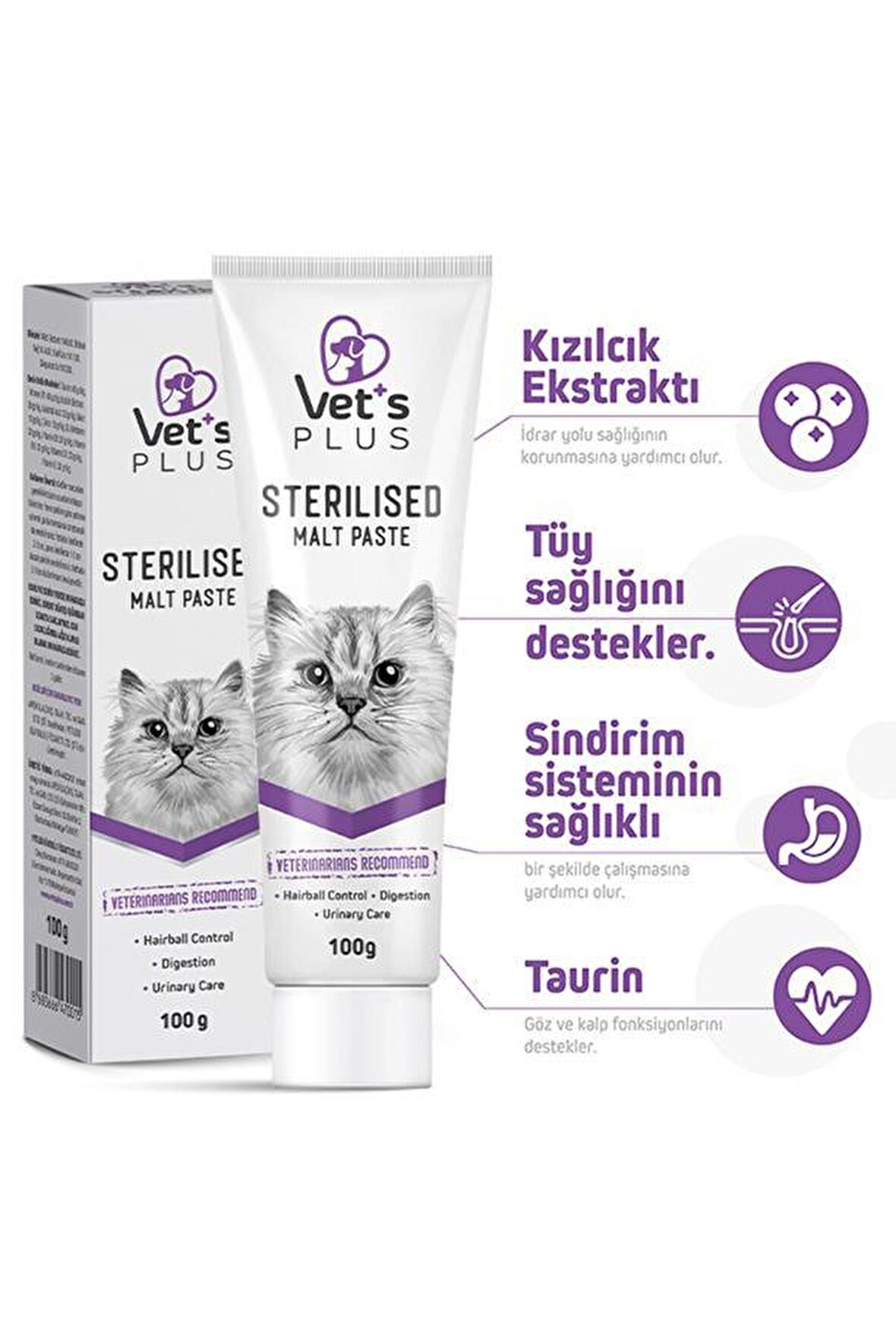 Vet's Plus Sterilised 100 gr Kısır Kediler için Tüy Yumağı Önleyici Malt Macun