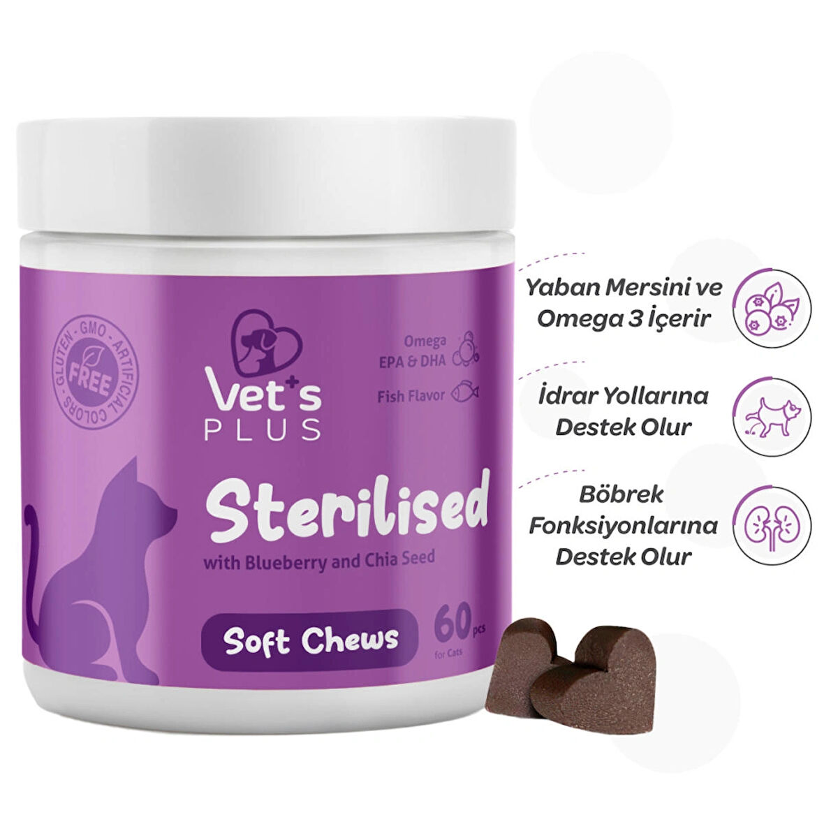 Vet's Plus Sterilised Yaban Mersinli Kısır Kediler için Urinary Destek 60'lı Çiğnenebilir Tablet