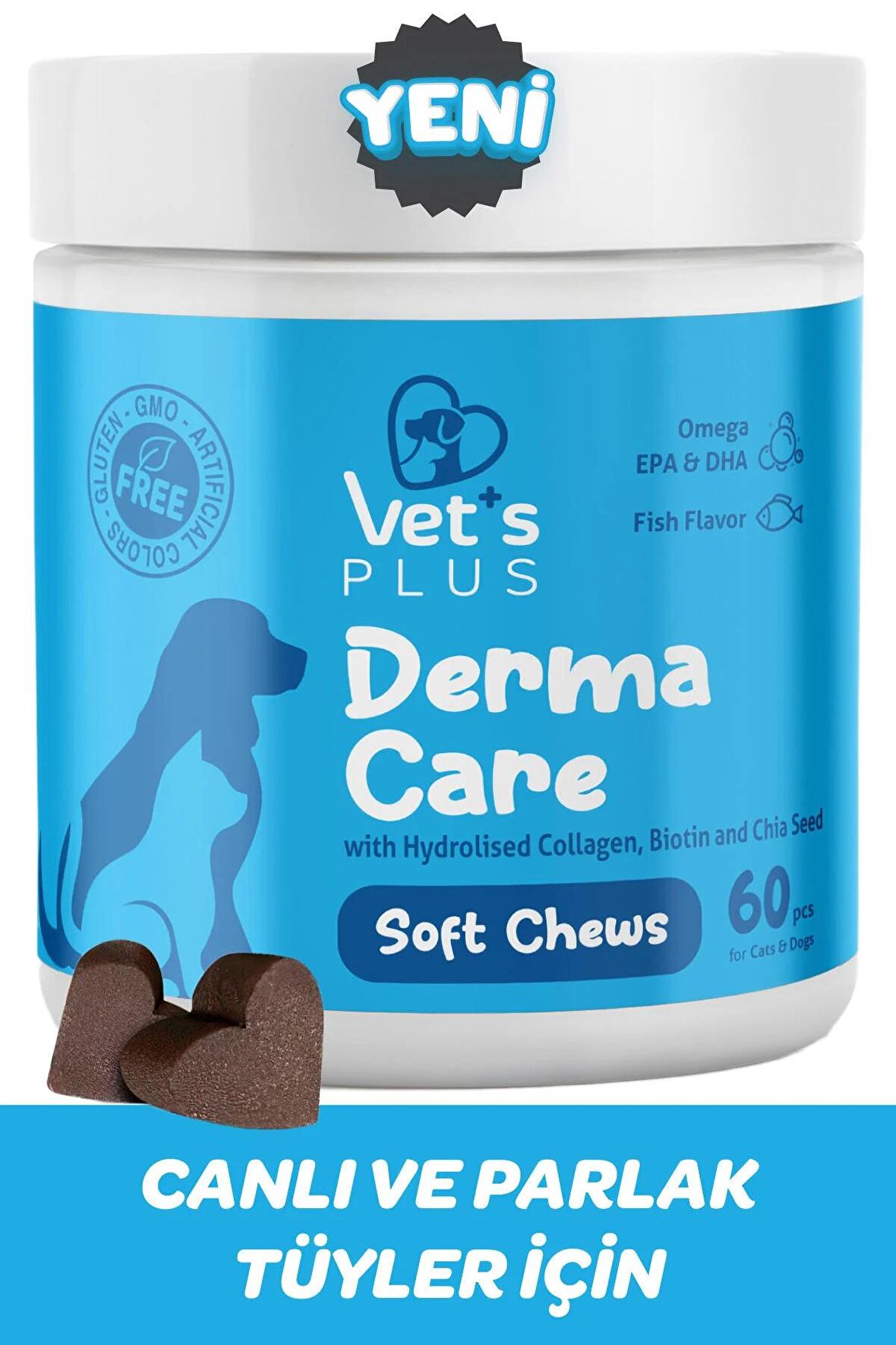 Vet's Plus Derma Care Kedi ve Köpekler için Deri ve Tüy Sağlığı Destekleyici 60'lı Çiğnenebilir Tablet