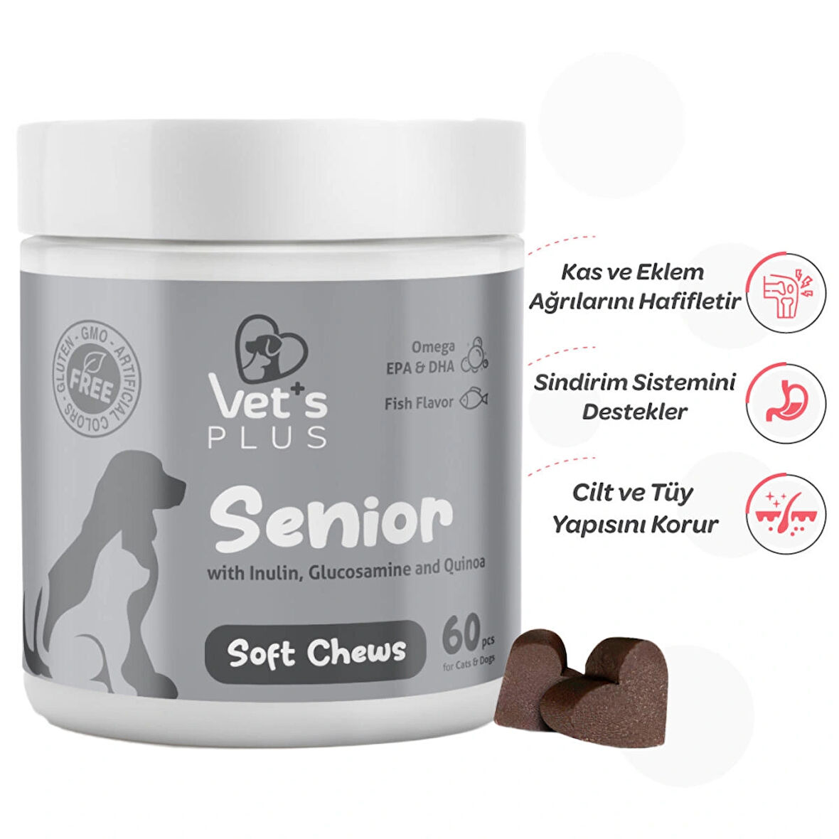 Vet's Plus Senior Kedi ve Köpekler için Inulin ve Glukozamin Desteği 60'lı Çiğnenebilir Tablet