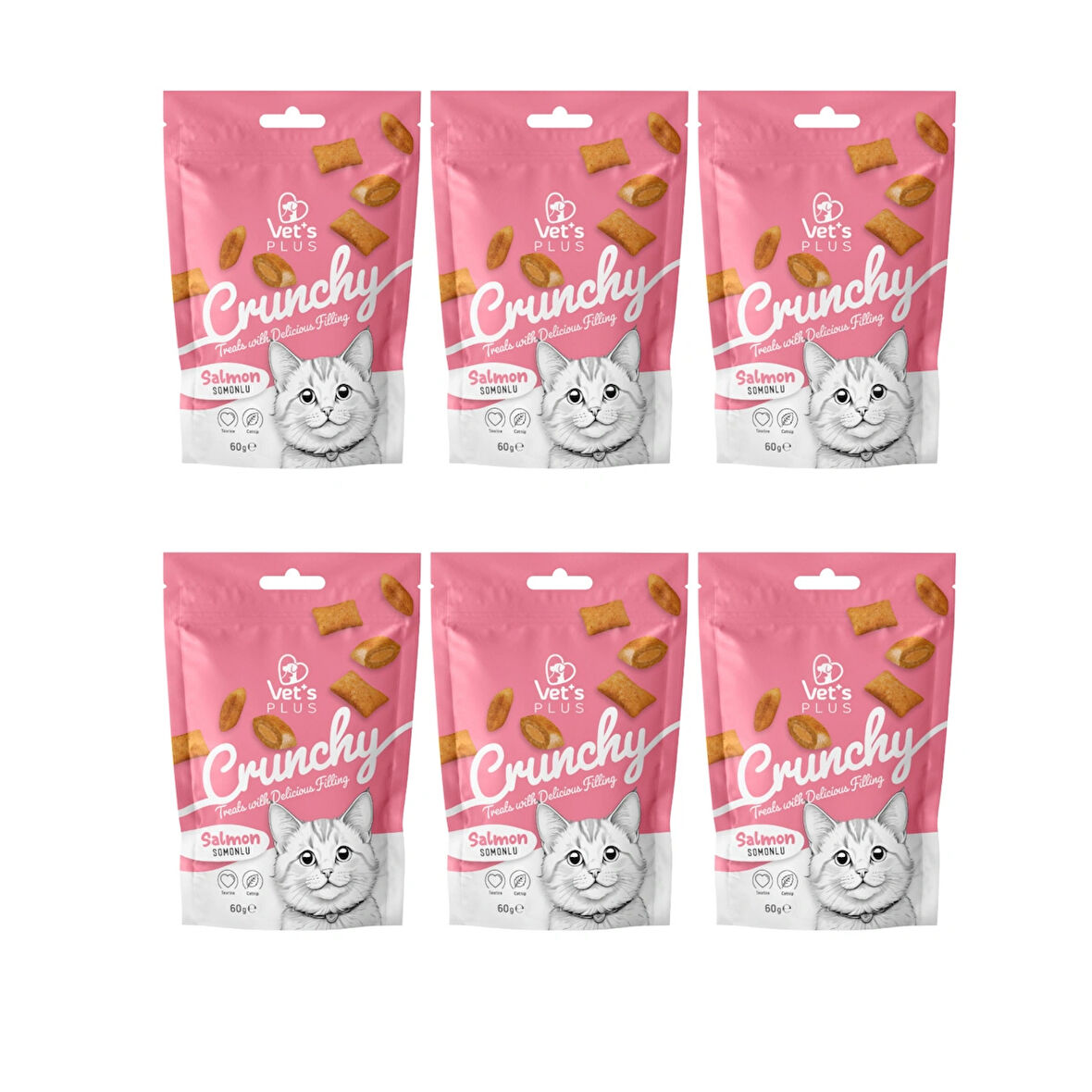 Vet's Plus Crunchy Somonlu ve Catnipli Kedi Ödül Maması 60gr (6 Adet)
