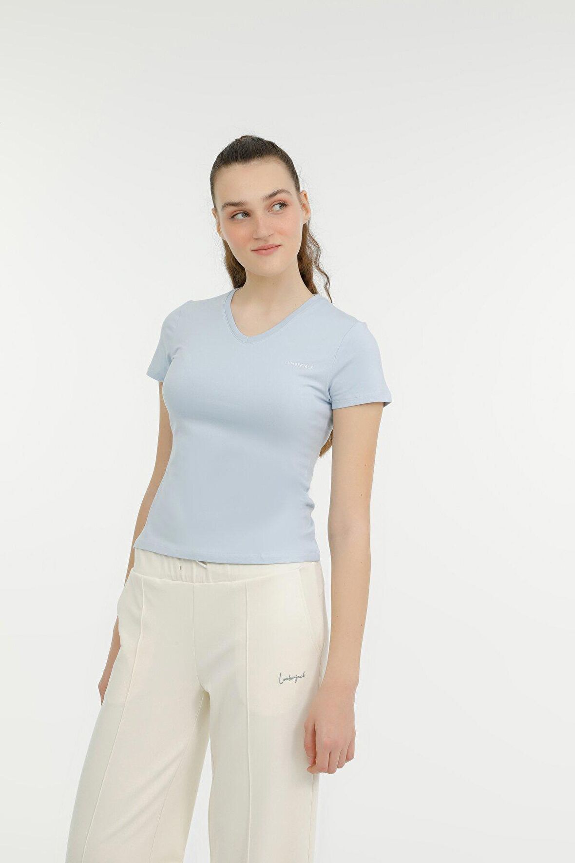 W-CT132 BASIC MODAL V NEC Mavi Kadın Kısa Kol T-Shirt