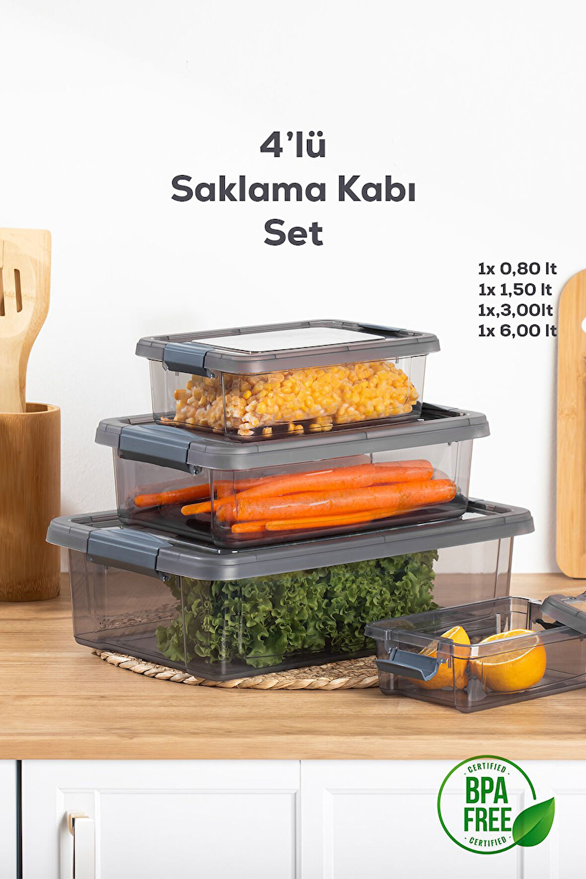 Porsima 466 4'lü Sızdırmaz Kapaklı Erzak Saklama Kabı Seti Gri