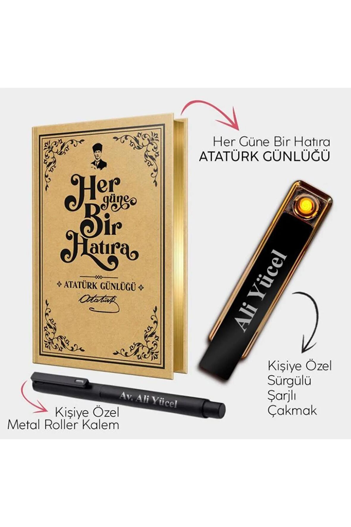 Kişiye Özel - Sürgülü Şarjlı Çakmak - Metal Roller Kalem ve Atatürk Günlüğü