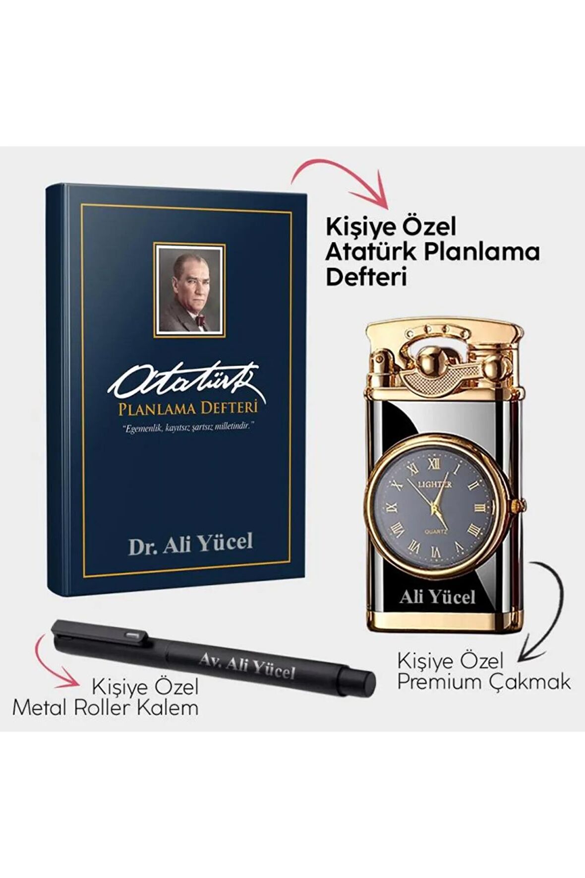 Kişiye Özel - Ankara Mavi Planlama Defteri - Retro Piano Black Saatli Çakmak - Metal Roller Kalem