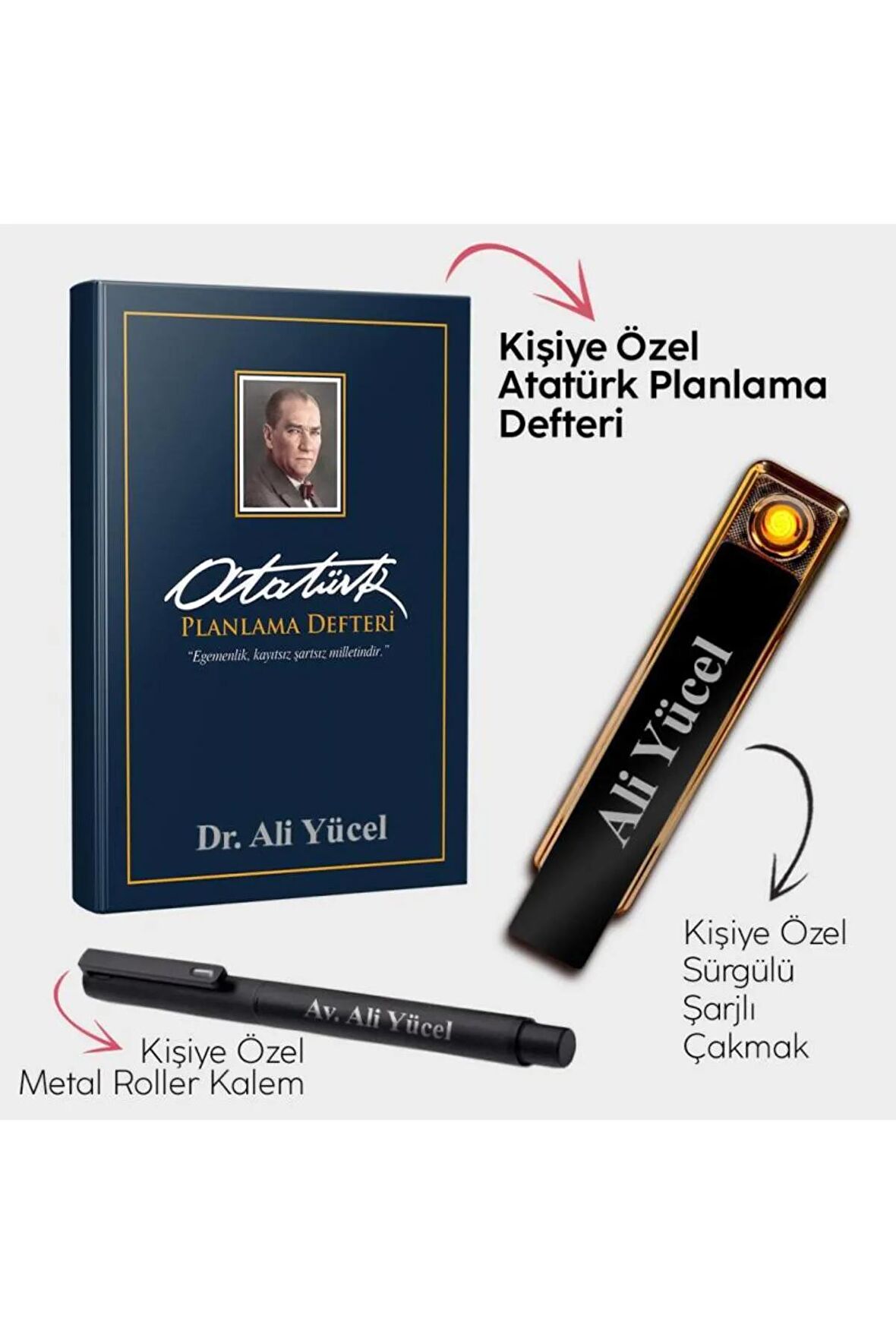Kişiye Özel - Ankara Mavi Planlama Defteri - Sürgülü Şarjlı Çakmak - Metal Roller Kalem