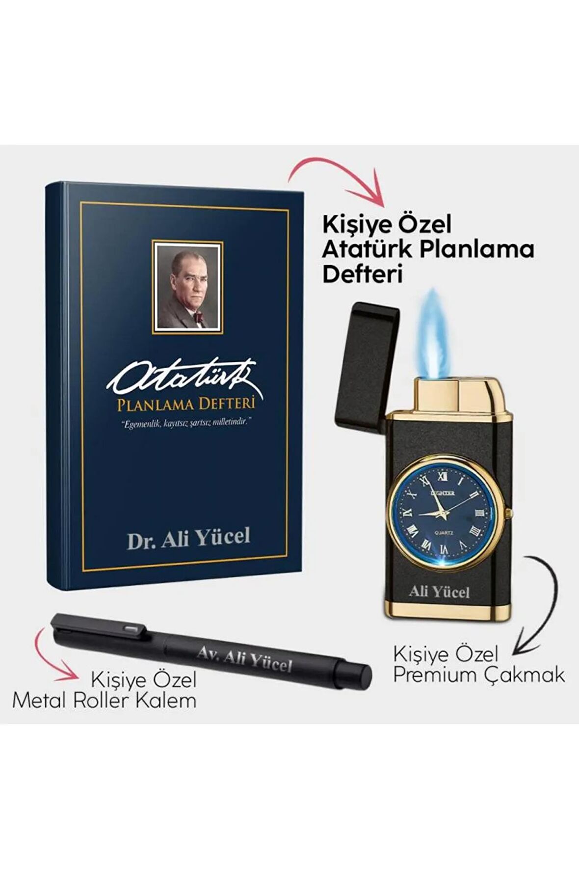 Kişiye Özel - Ankara Mavi Planlama Defteri - Mat Siyah Saatli Çakmak - Metal Roller Kalem