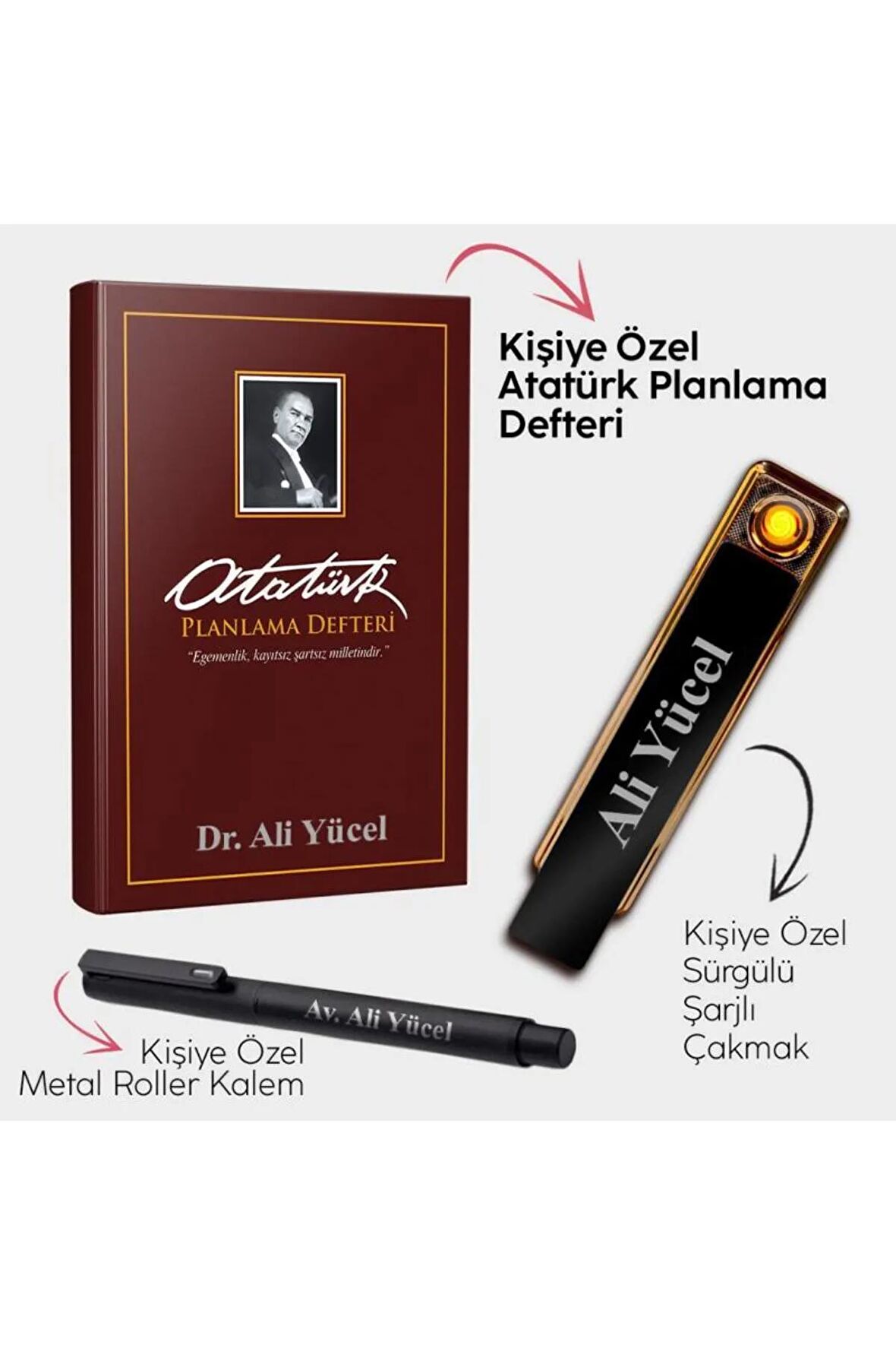 Kişiye Özel - Gazi Paşa Bordo Planlama Defteri  Sürgülü Şarjlı Çakmak - Metal Roller Kalem