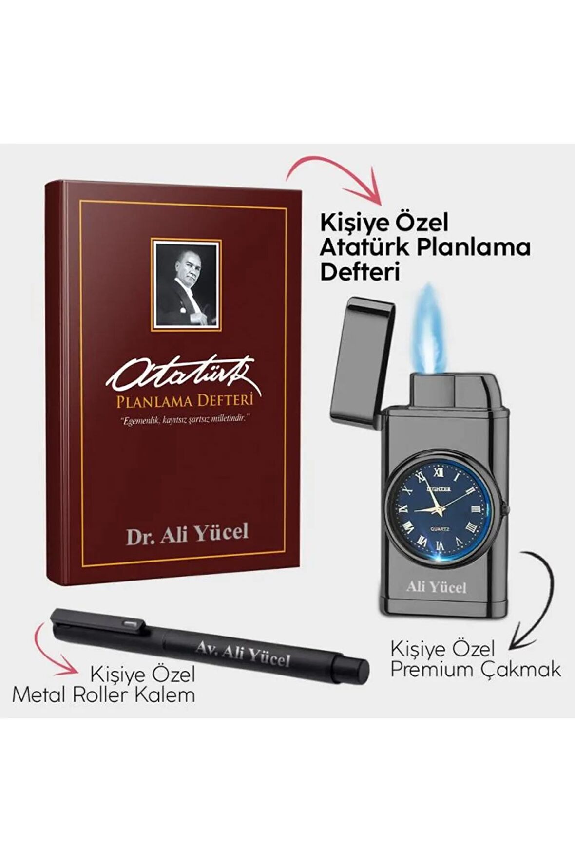 Kişiye Özel - Gazi Paşa Bordo Planlama Defteri - Piano Black Saatli Çakmak - Metal Roller Kalem