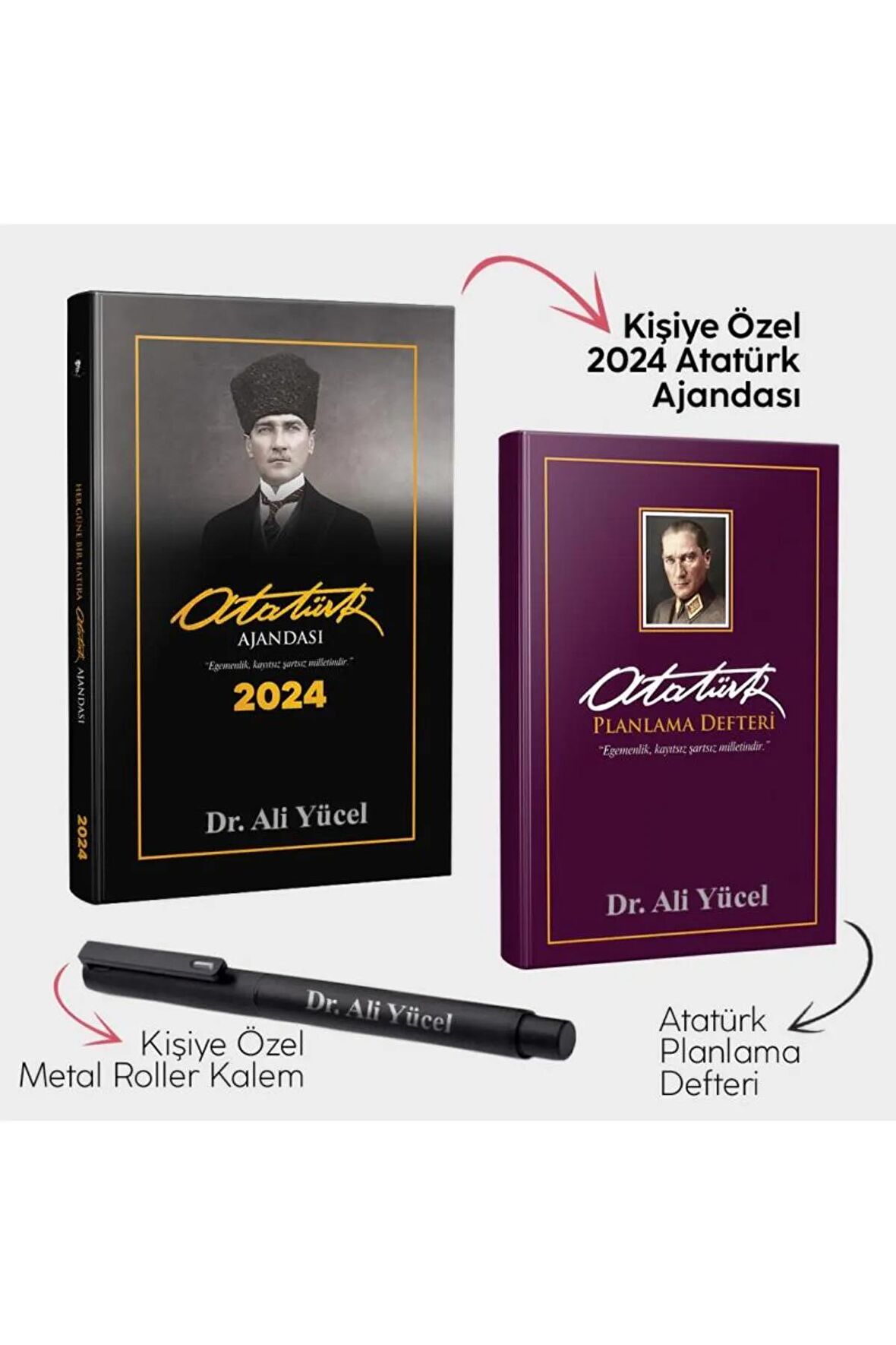 Kişiye Özel - Kalpaklı 2024 Atatürk Ajandası - Önder Mor Planlama Defteri ve Metal Roller Kalem