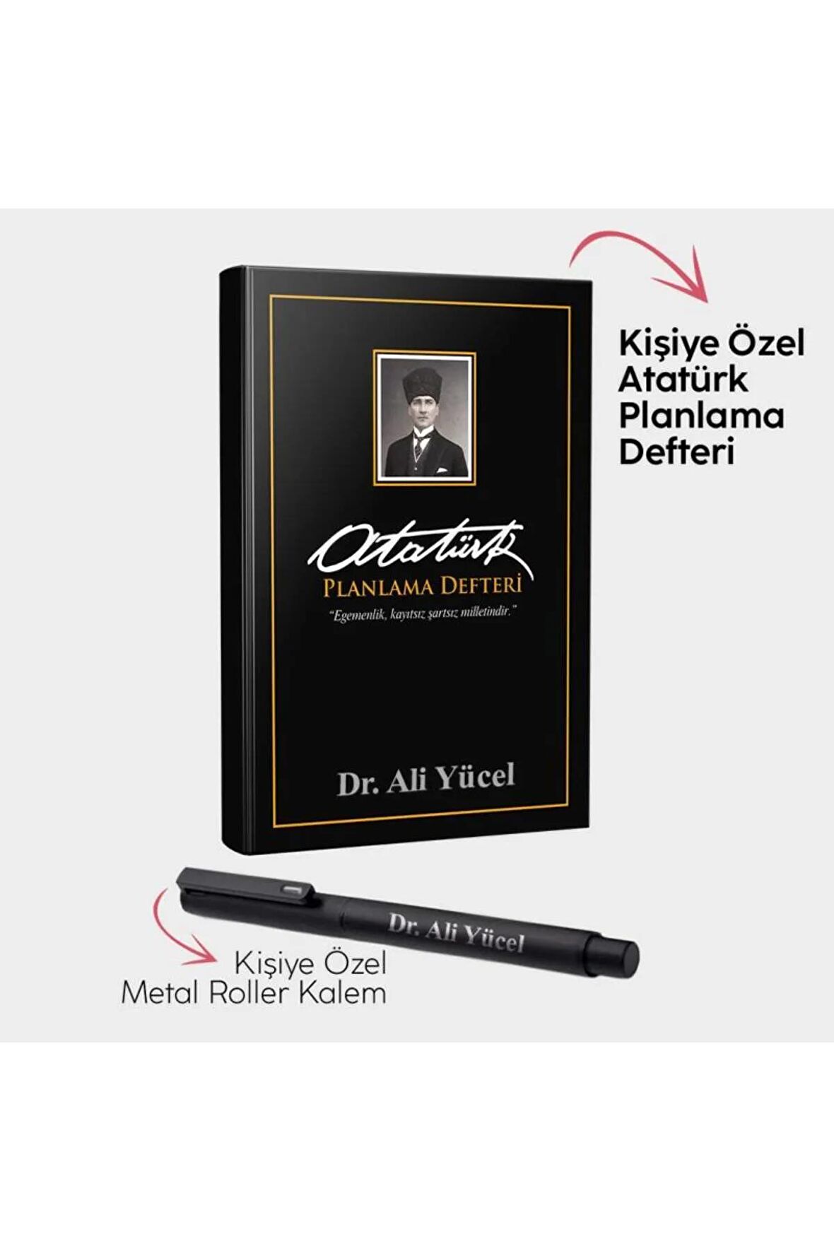 Kişiye Özel - Kalpaklı Siyah Planlama Defteri ve Metal Roller Kalem